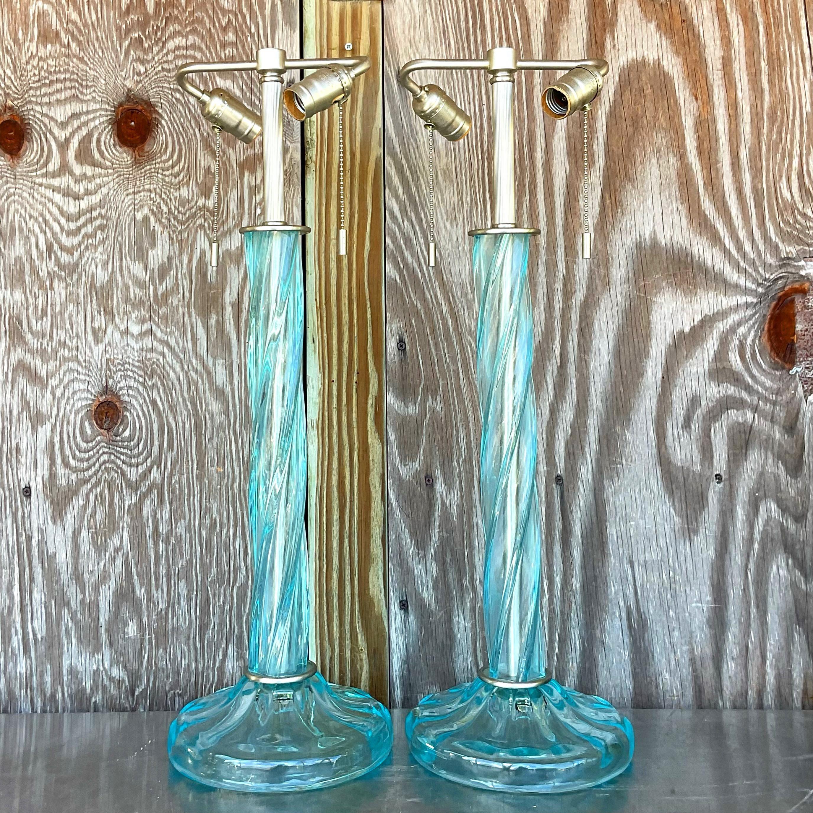 20th Century Vintage Boho Signed Donghia Twist Blown Glass Lamps - a Pair For Sale