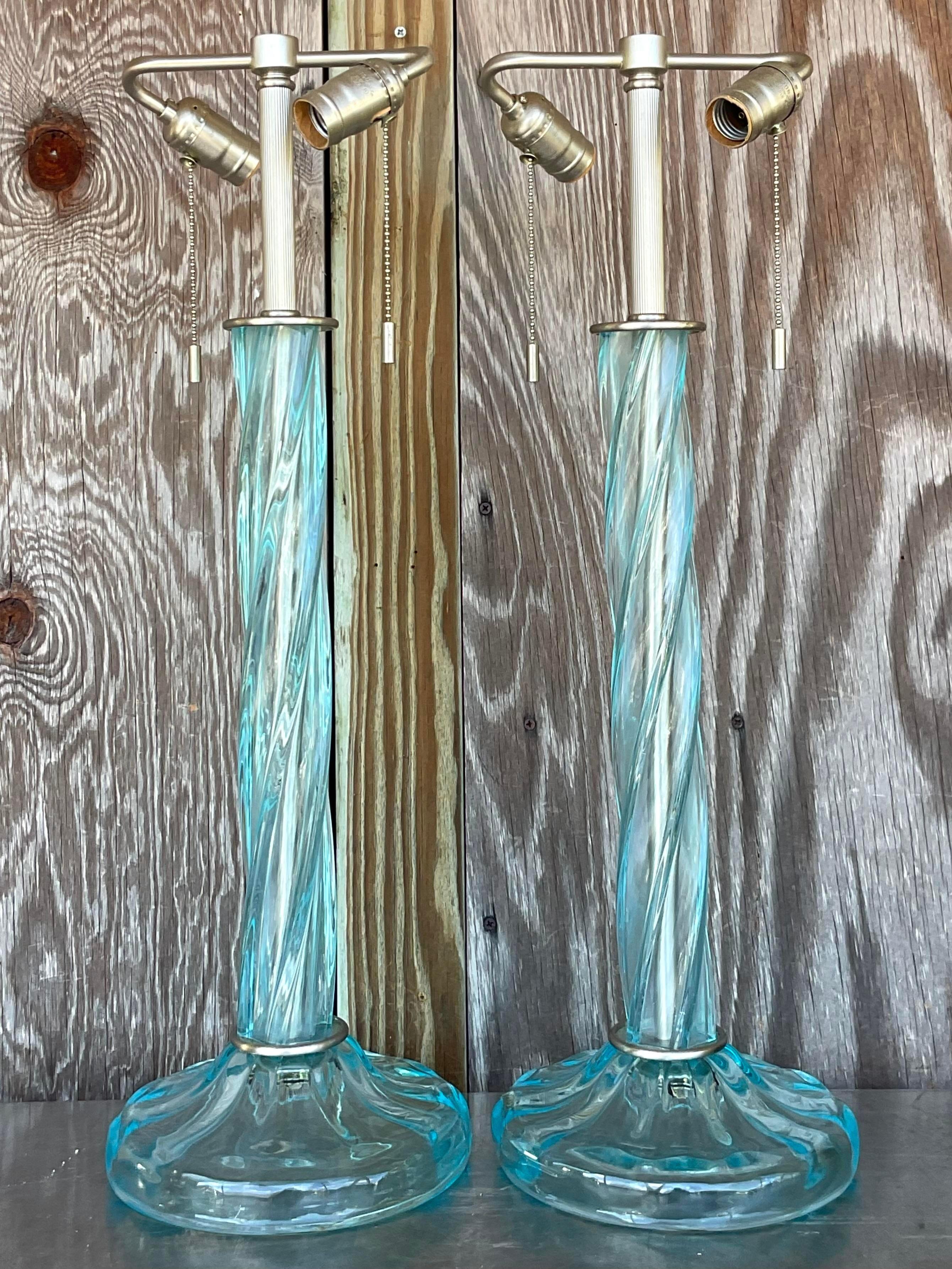Vintage Boho Signed Donghia Twist Blown Glass Lamps - a Pair For Sale 1
