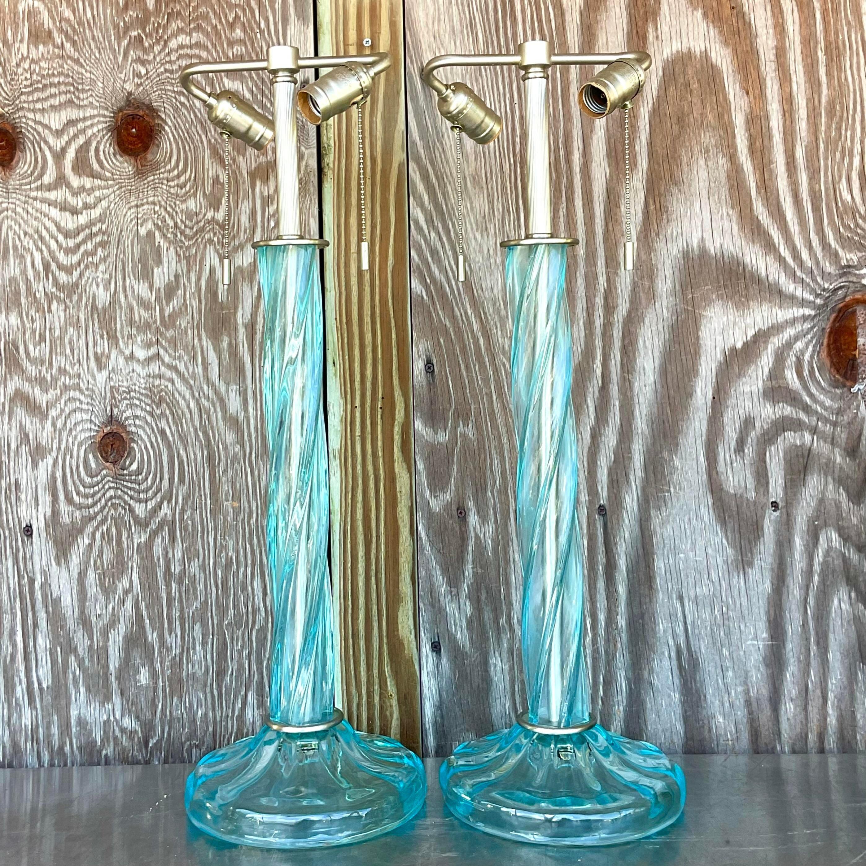 Vintage Boho Signed Donghia Twist Blown Glass Lamps - a Pair For Sale 2