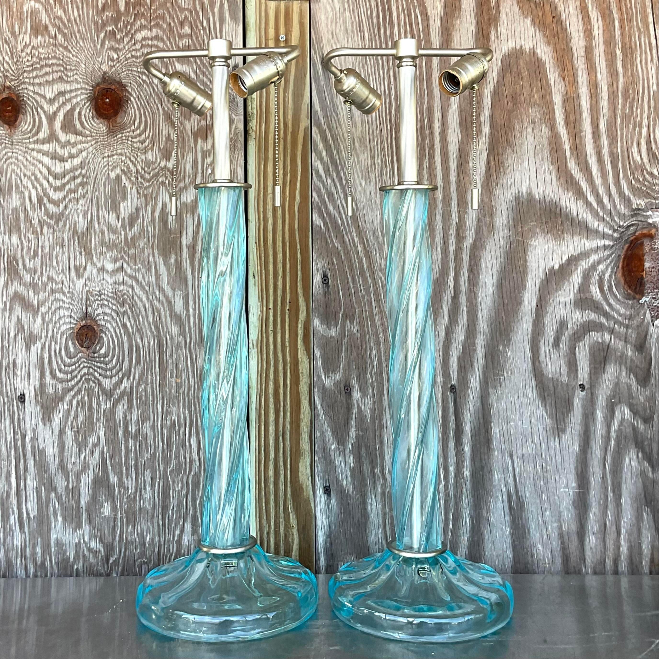 Vintage Boho Signed Donghia Twist Blown Glass Lamps - a Pair For Sale 3