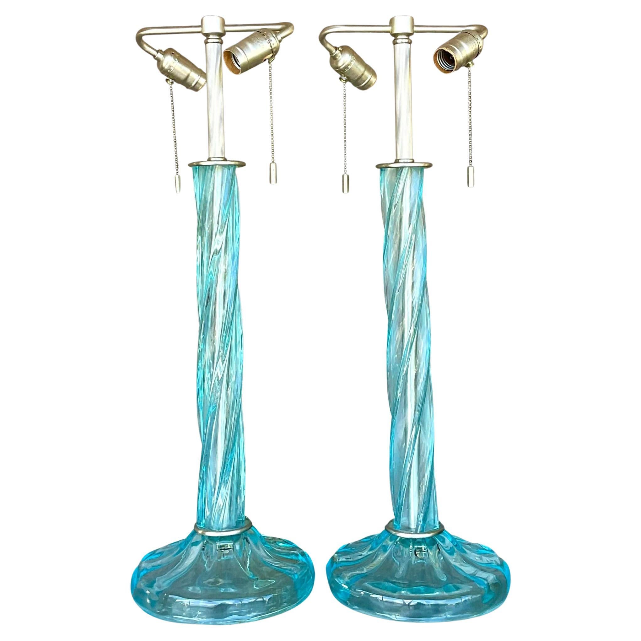Vintage Boho Signed Donghia Twist Blown Glass Lamps - a Pair
