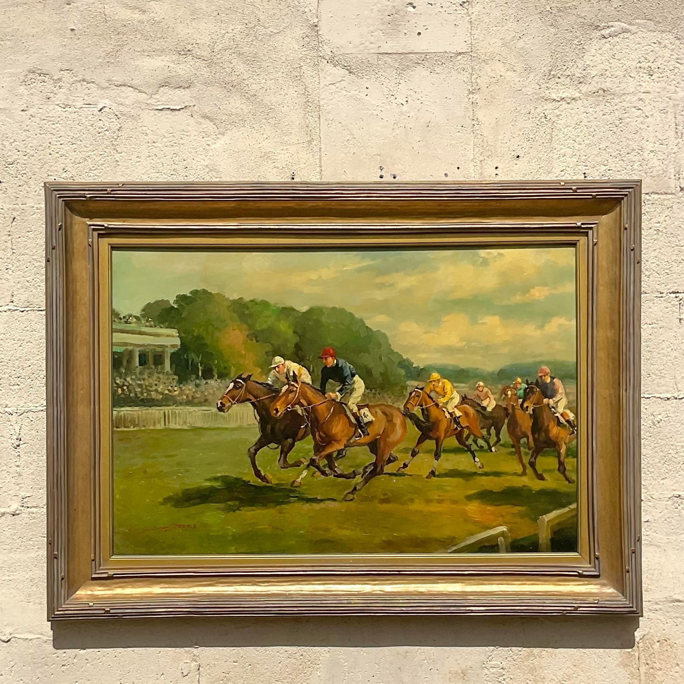 Vintage Boho Signed Equestrian Original Oil Painting on Canvas For Sale 5