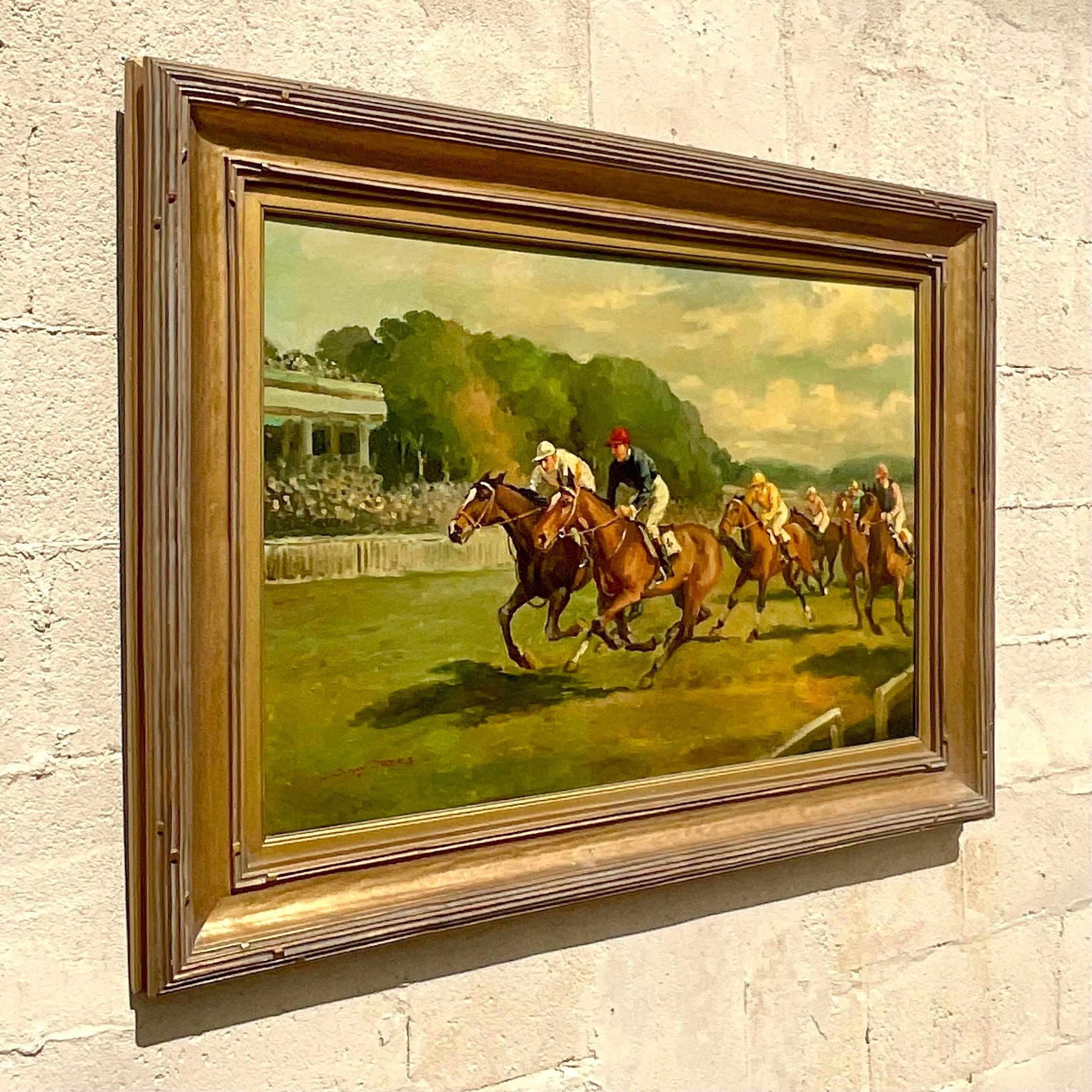 Vintage Boho Signed Equestrian Original Oil Painting on Canvas For Sale 6