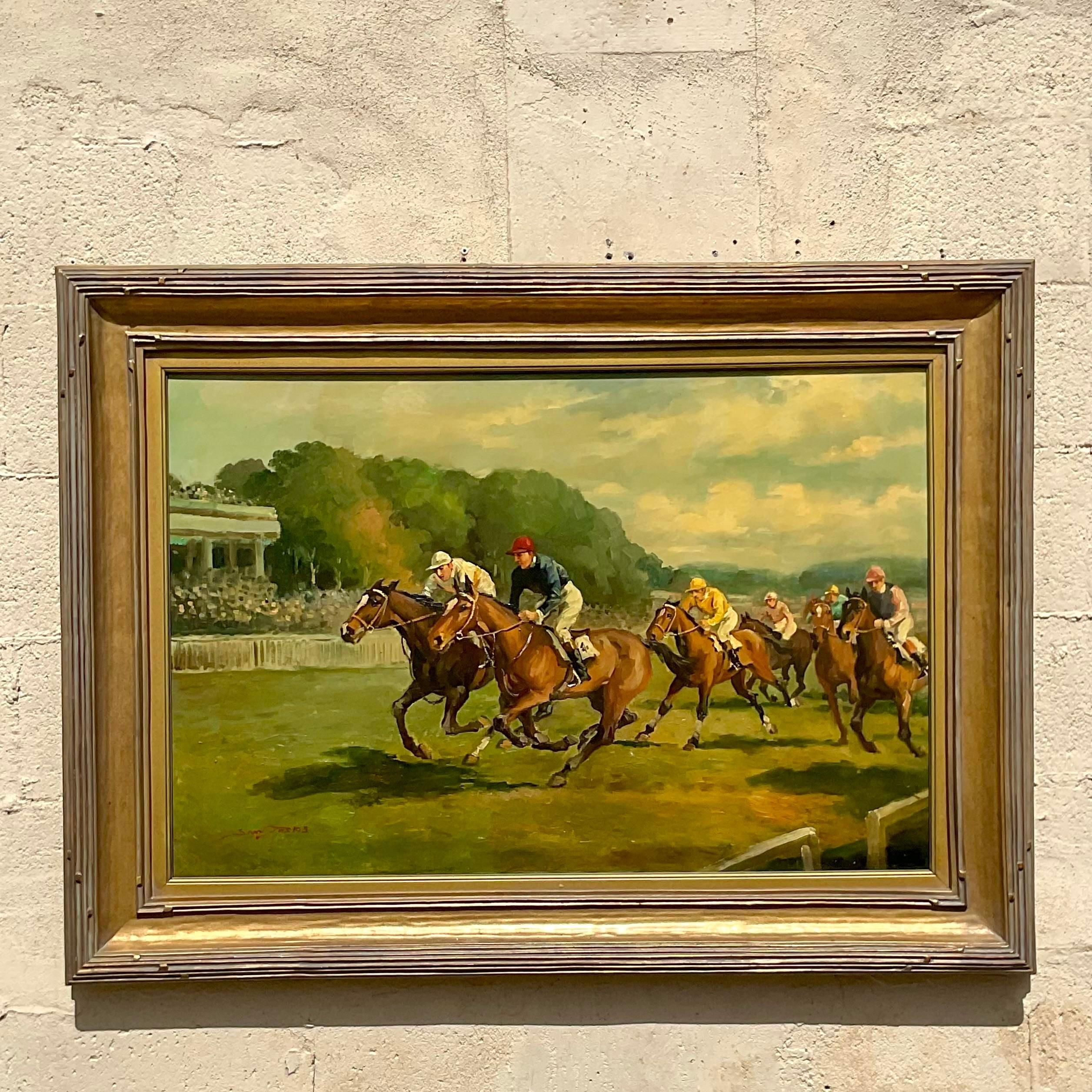 An exceptional vintage Boho original oil painting on canvas. A chic equestrian composition in deep rich colors. Signed by the artist and beautifully framed. Acquired from a Palm Beach estate.