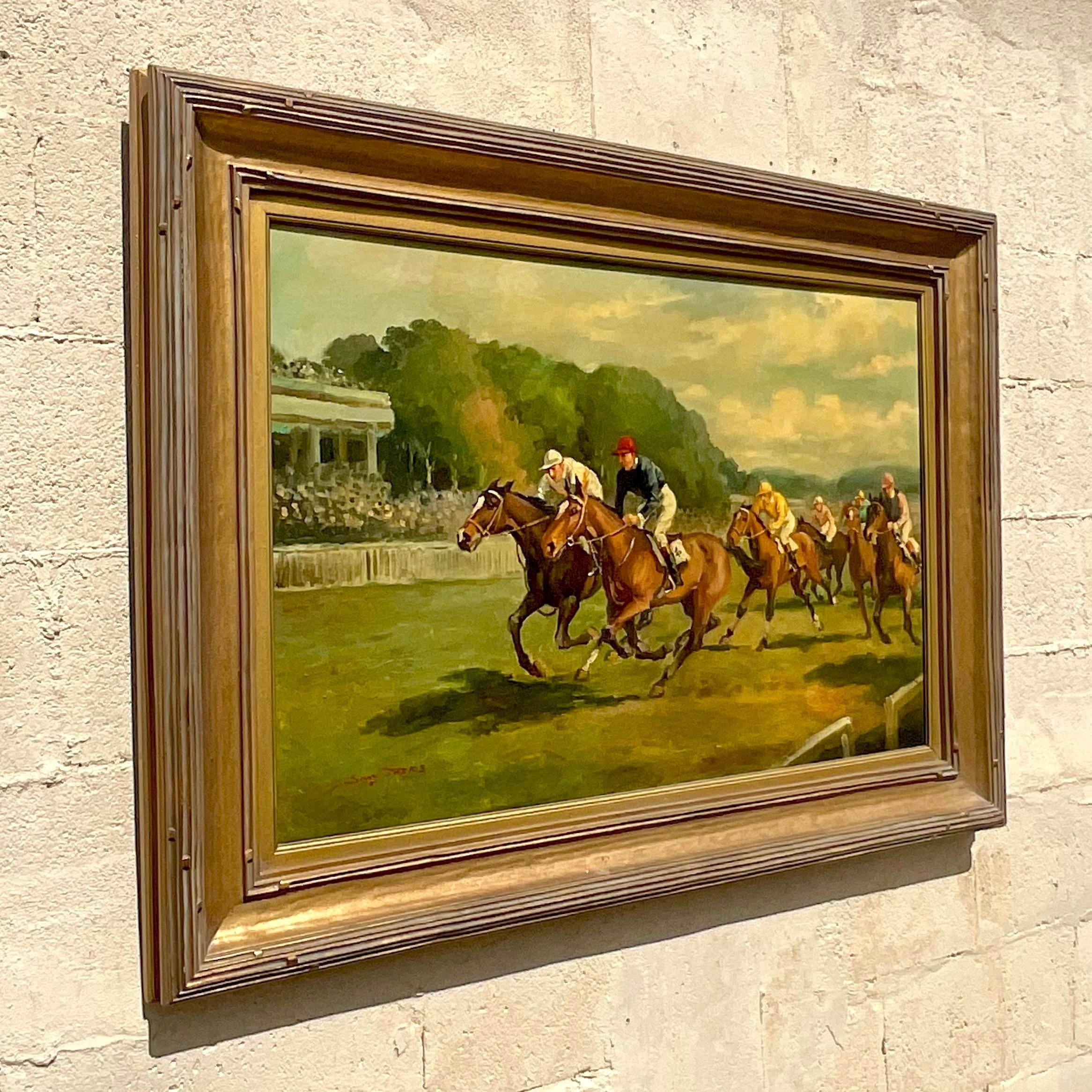 Vintage Boho Signed Equestrian Original Oil Painting on Canvas For Sale 1