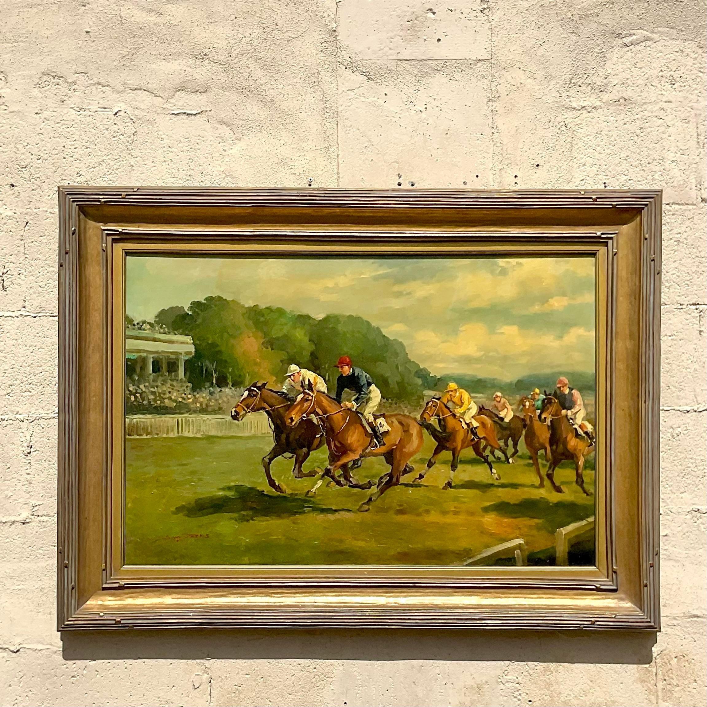 Vintage Boho Signed Equestrian Original Oil Painting on Canvas For Sale 3