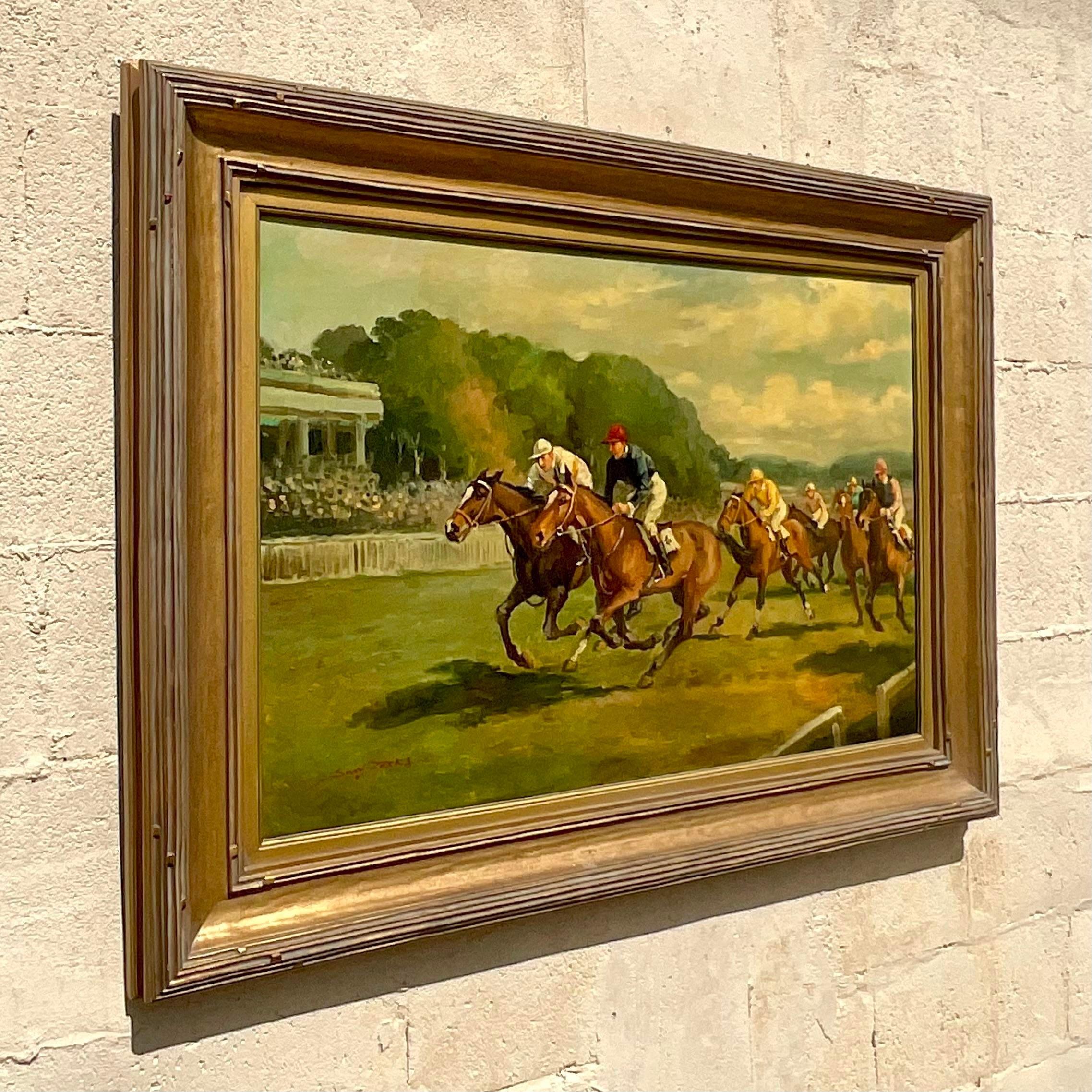 Vintage Boho Signed Equestrian Original Oil Painting on Canvas For Sale 4