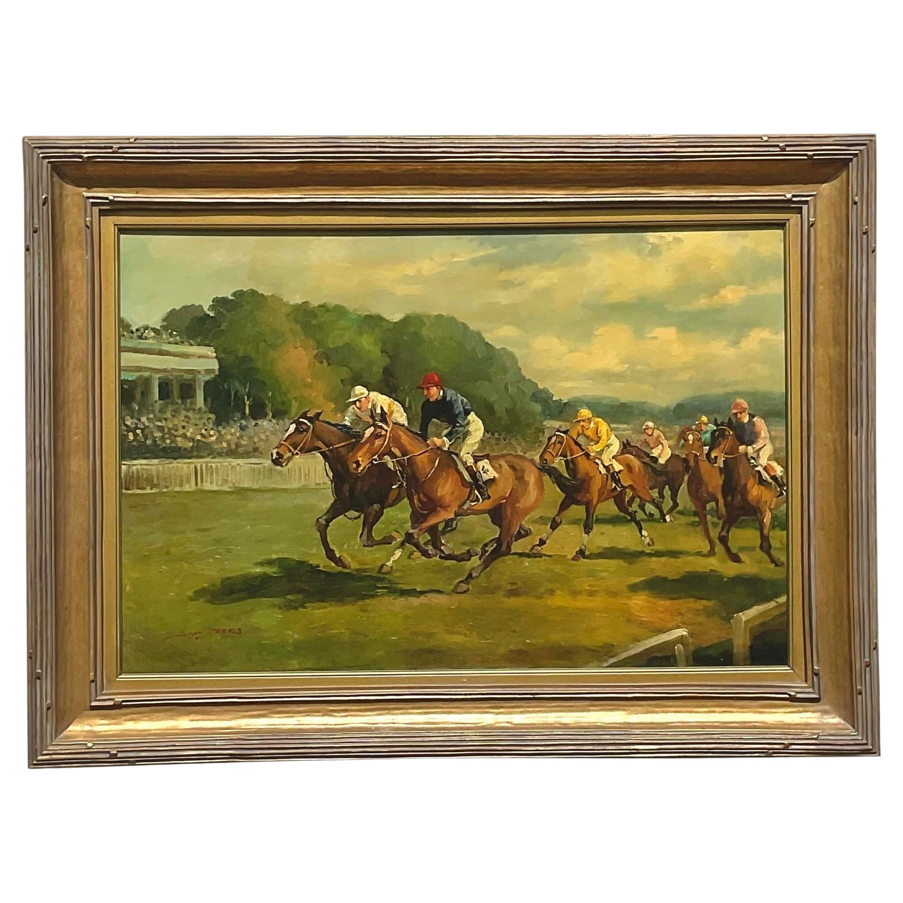 Vintage Boho Signed Equestrian Original Oil Painting on Canvas For Sale