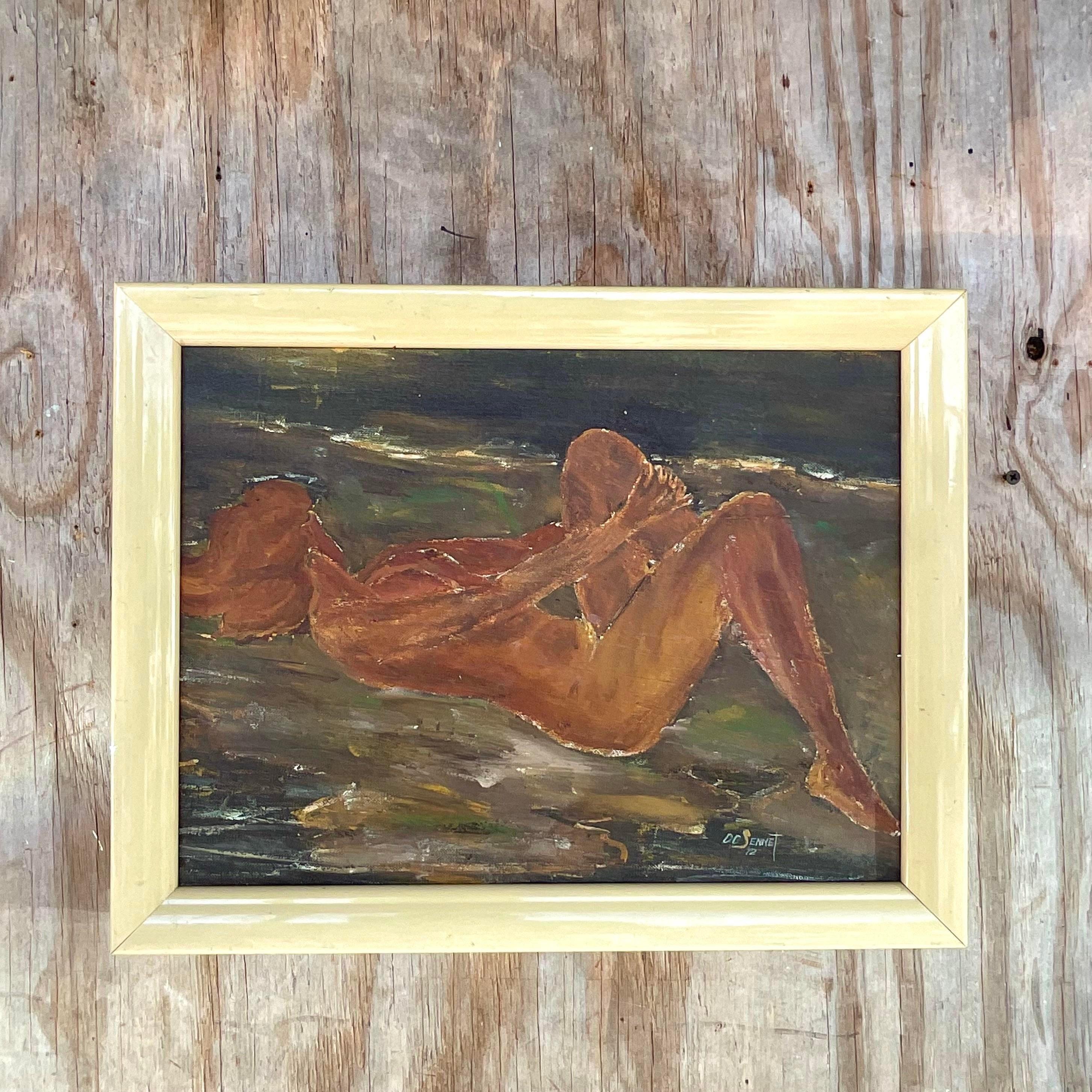 A fabulous vintage Boho original oil painting on canvas. A chic abstract Expressionist Figural of a female nude. Acquired from a Palm Beach estate.