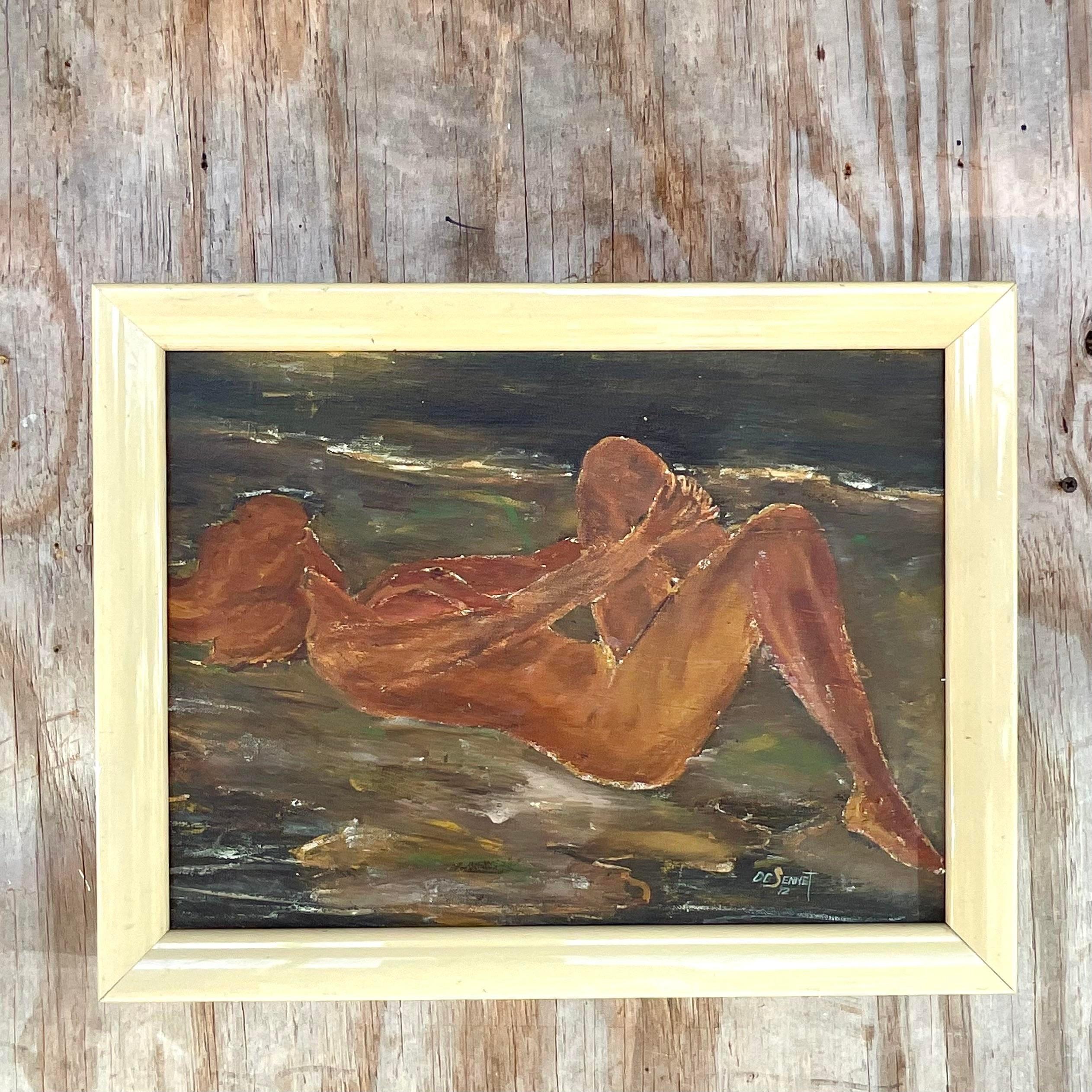 Vintage Boho Signed Female Nude Original Oil on Canvas In Good Condition For Sale In west palm beach, FL