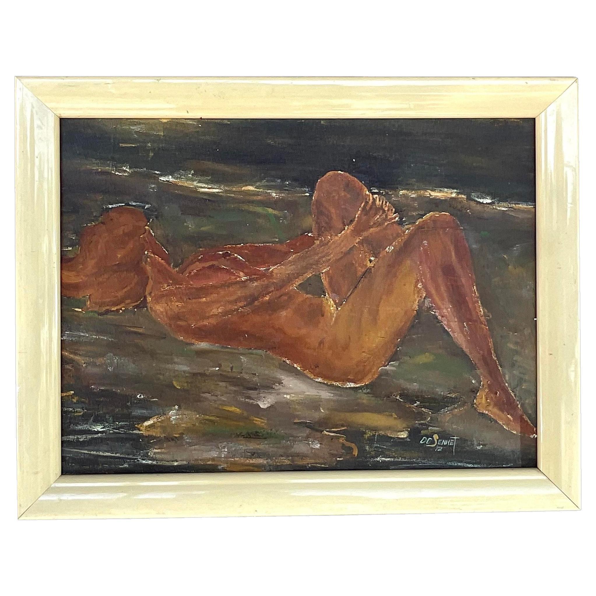 Vintage Boho Signé Female Nude Original Oil on Canvas en vente