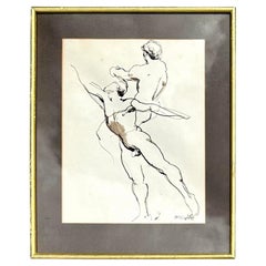 Vintage Boho Signed Figure Drawing on Paper