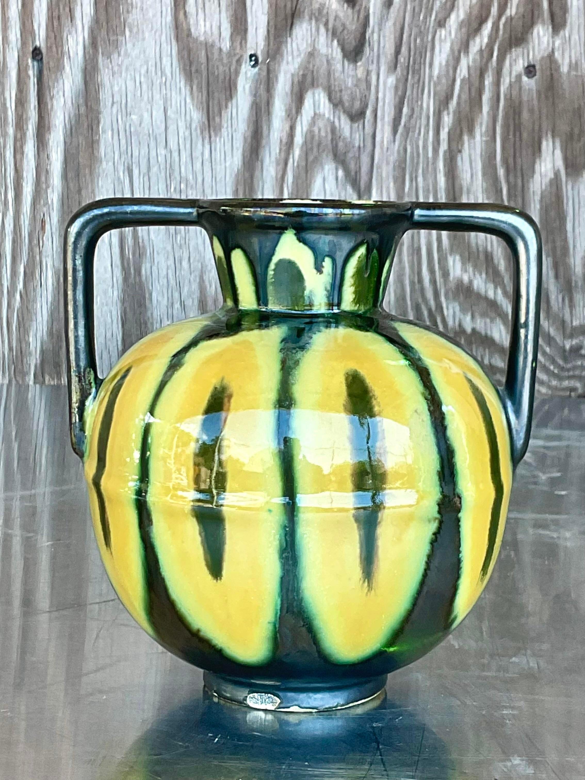 Vintage Boho Signed French Glazed Ceramic Vase In Good Condition For Sale In west palm beach, FL