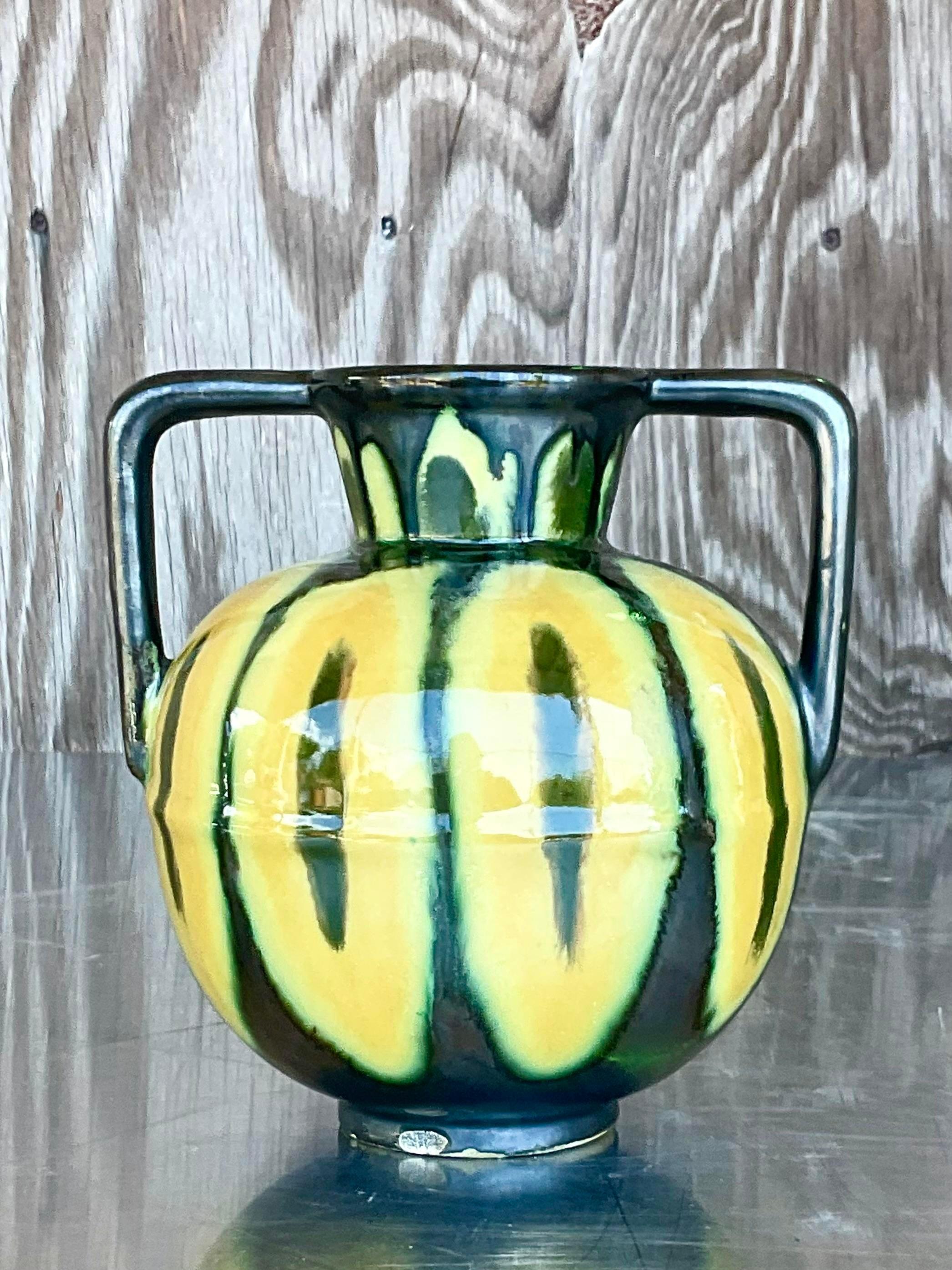 Vintage Boho Signed French Glazed Ceramic Vase For Sale 1