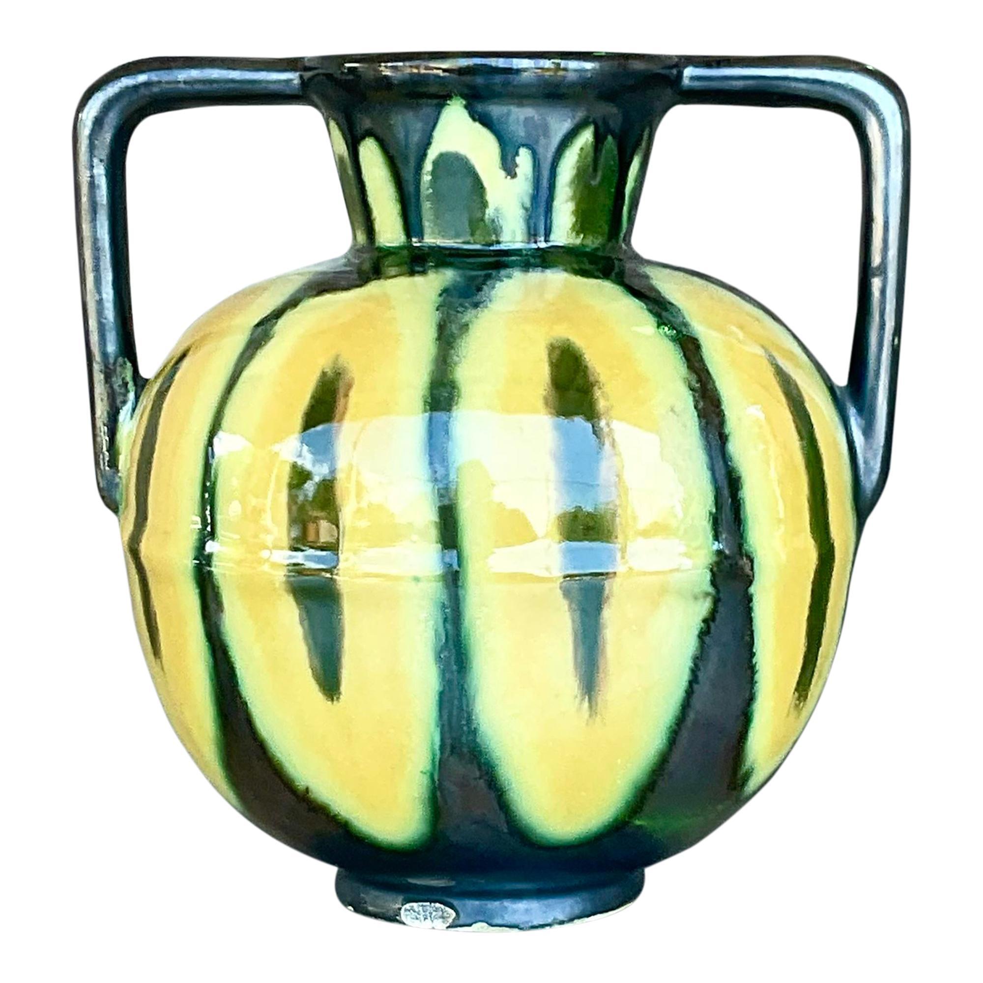 Vintage Boho Signed French Glazed Ceramic Vase For Sale