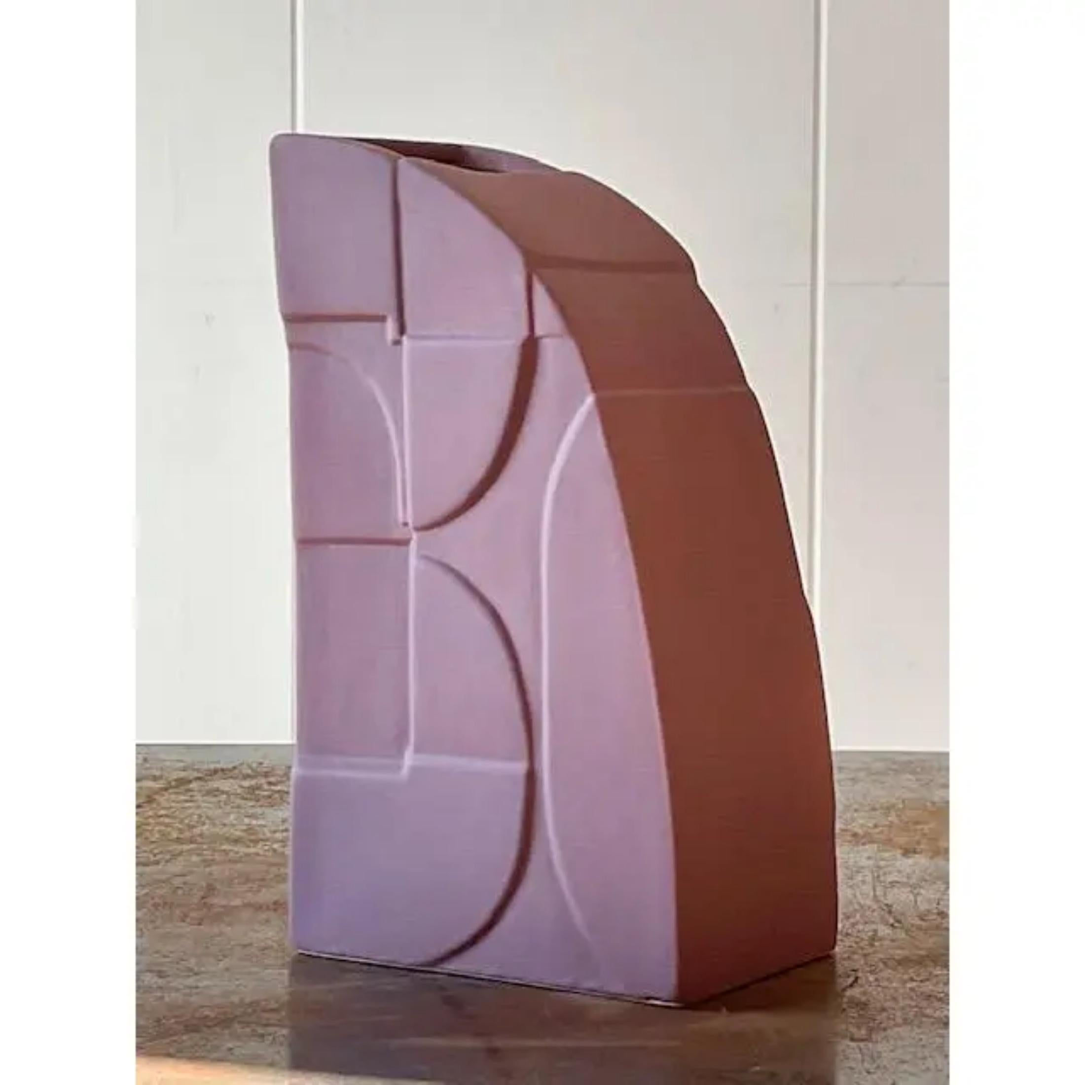 Contemporary Vintage Boho Signed Geometric Slab Built Studio Pottery Vase For Sale