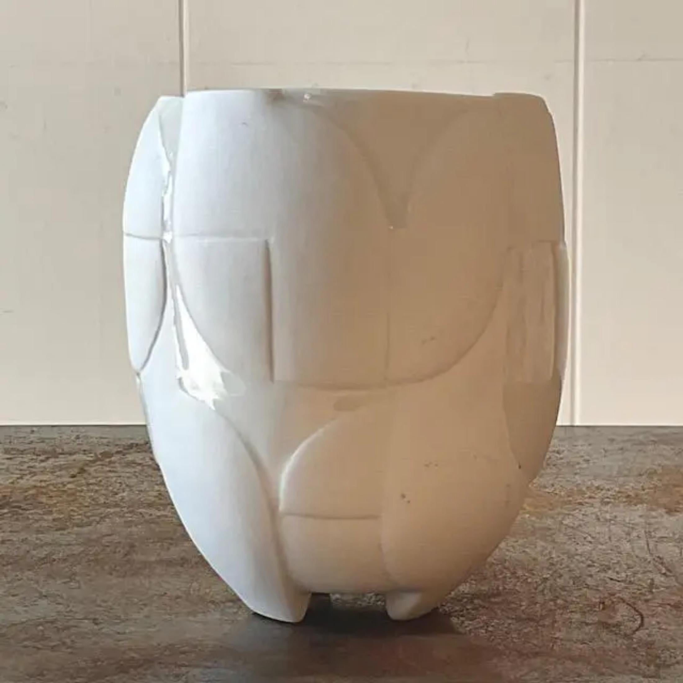A fabulous vintage Boho studio pottery vase. A chic geometric design in a combo matte and gloss finish. Signed by the artist. Acquired from a Palm Beach estate.