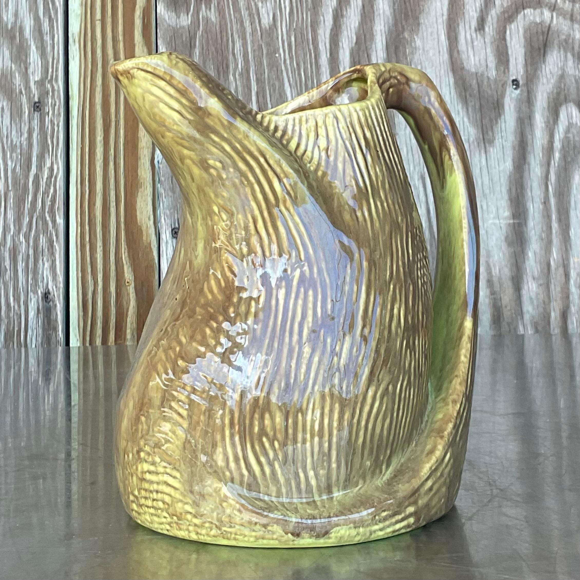 Vintage Boho Signed Glazed Studio Pottery Pitcher In Good Condition For Sale In west palm beach, FL