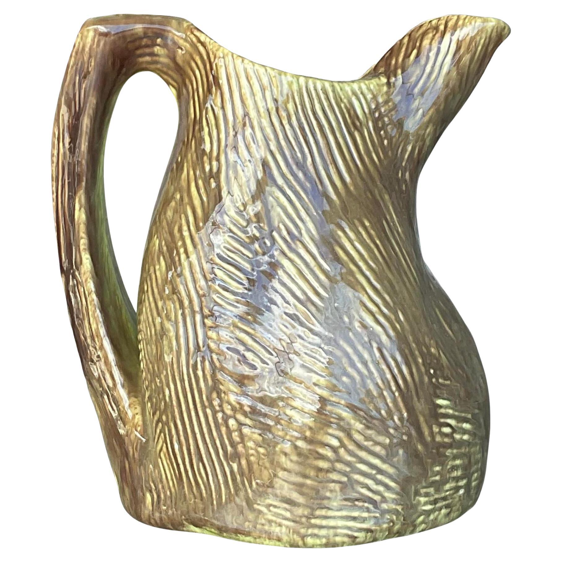 Vintage Boho Signed Glazed Studio Pottery Pitcher For Sale