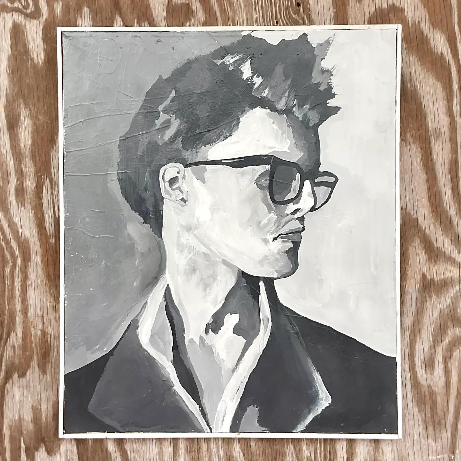 Fantastic vintage Boho original oil painting. A graphic gray scale composition of a stylish young man. Signed by the artist Carbone. Acquired from a Palm Beach estate.