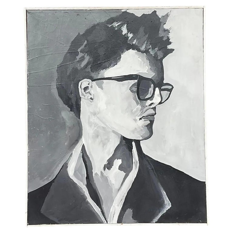 Vintage Boho Signed Graphic Original Oil Painting For Sale at 1stDibs
