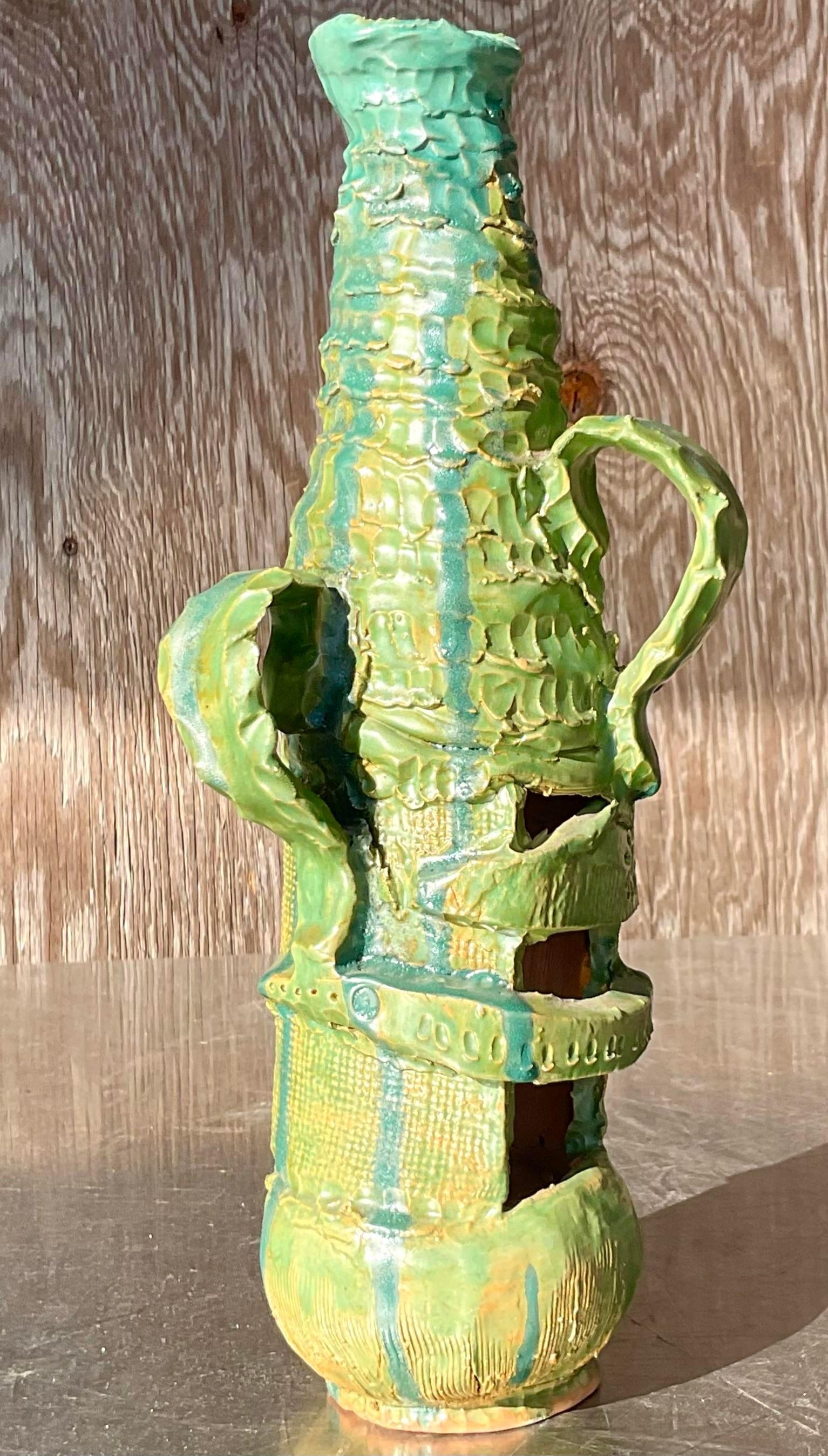 Bohemian Vintage Boho Signed Hand Made Studio Pottery Vase For Sale
