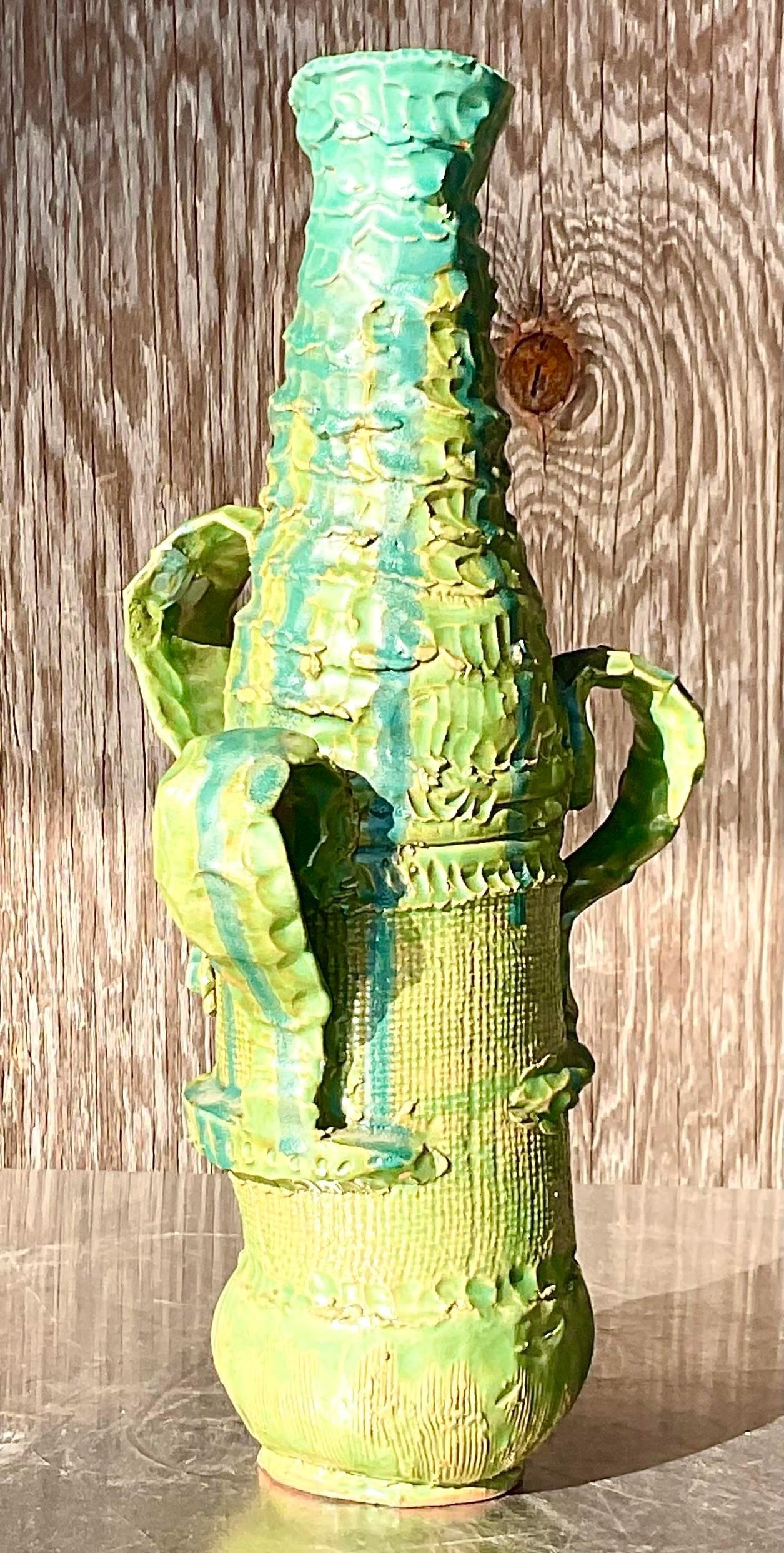 Vintage Boho Signed Hand Made Studio Pottery Vase For Sale 2