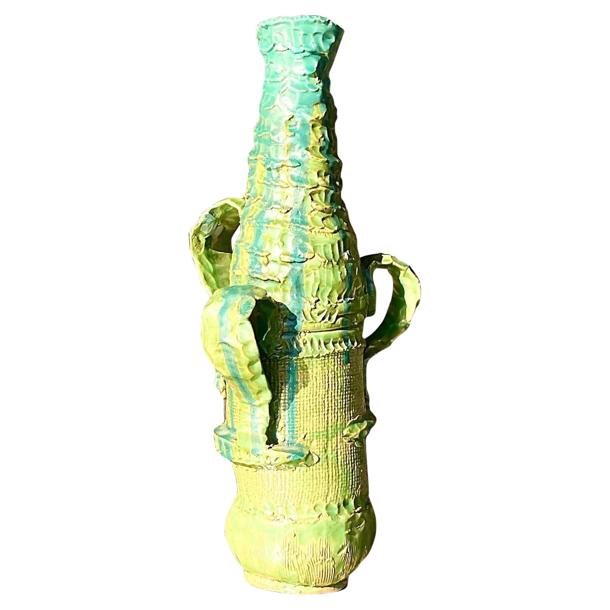 Vintage Boho Signed Hand Made Studio Pottery Vase For Sale