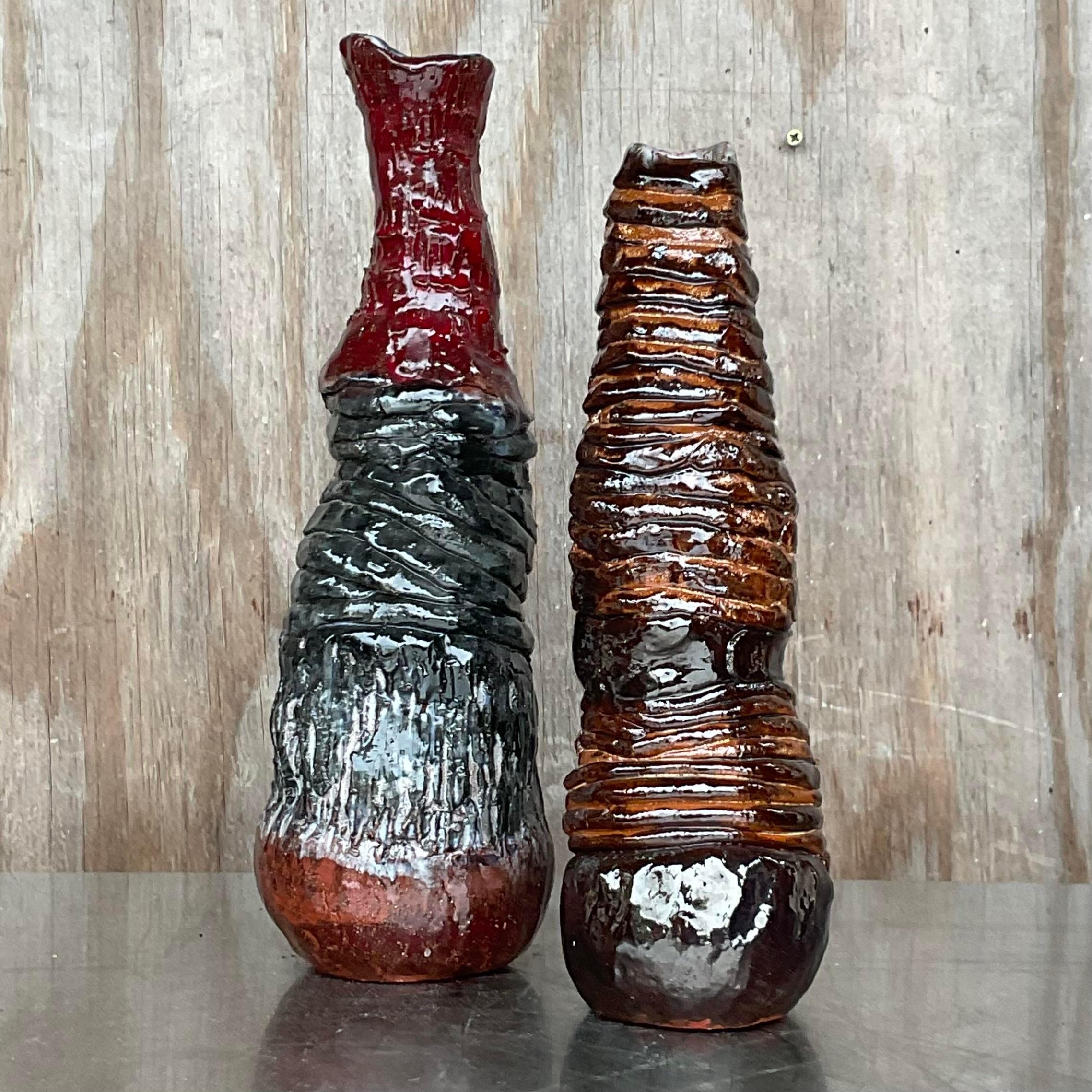 Vintage Boho signiert Hand Made Studio Pottery Vasen - ein Paar im Angebot 3