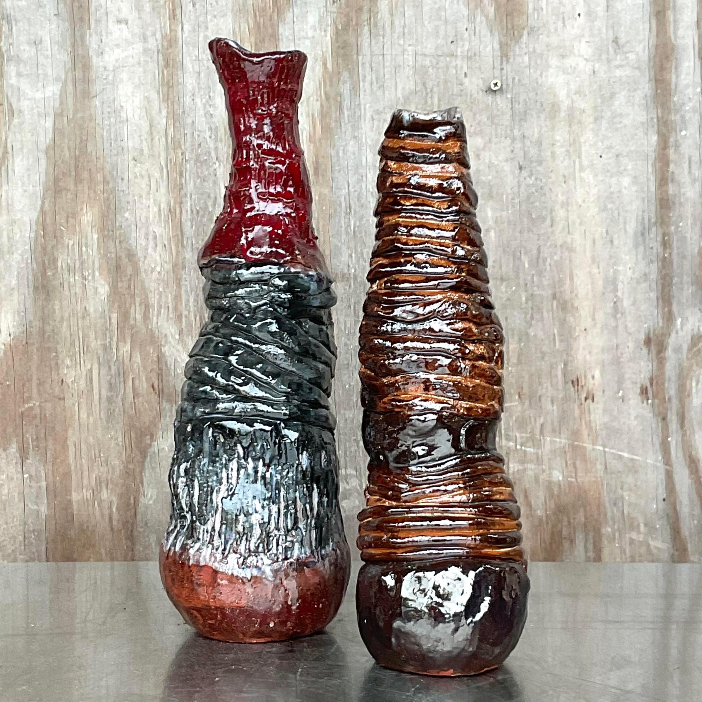 Vintage Boho Signed Hand Made Studio Pottery Vases - a Pair For Sale 6