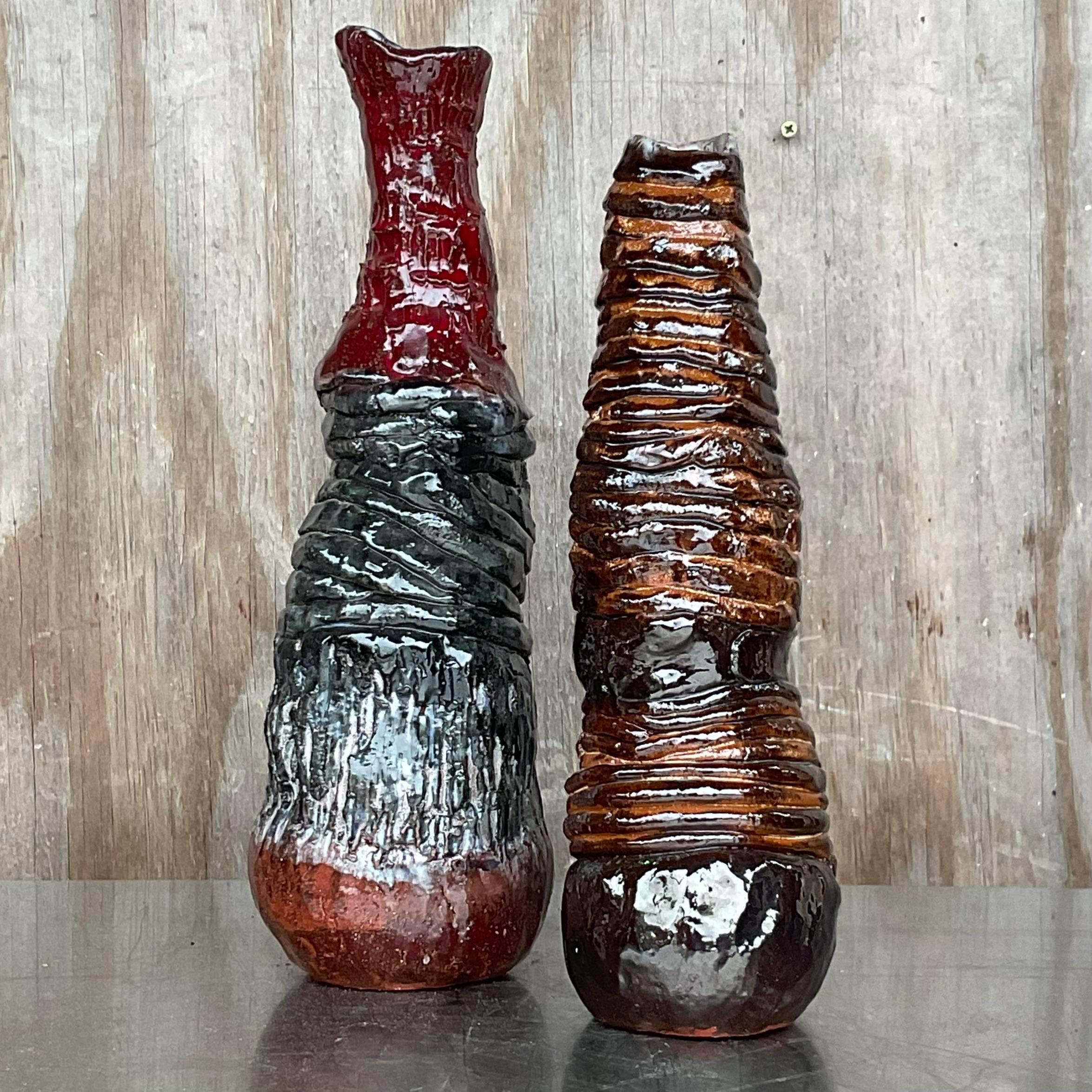 American Vintage Boho Signed Hand Made Studio Pottery Vases - a Pair For Sale