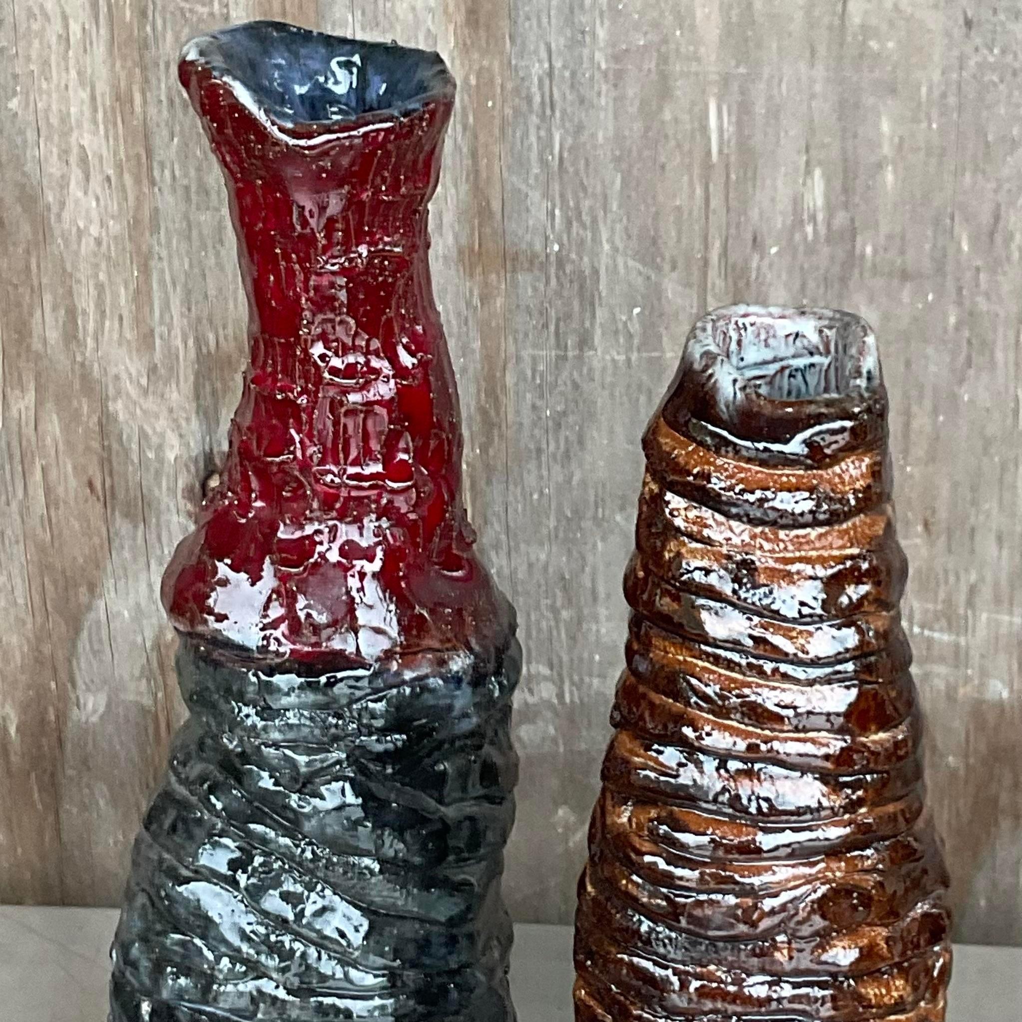 Vintage Boho Signed Hand Made Studio Pottery Vases - a Pair In Good Condition For Sale In west palm beach, FL