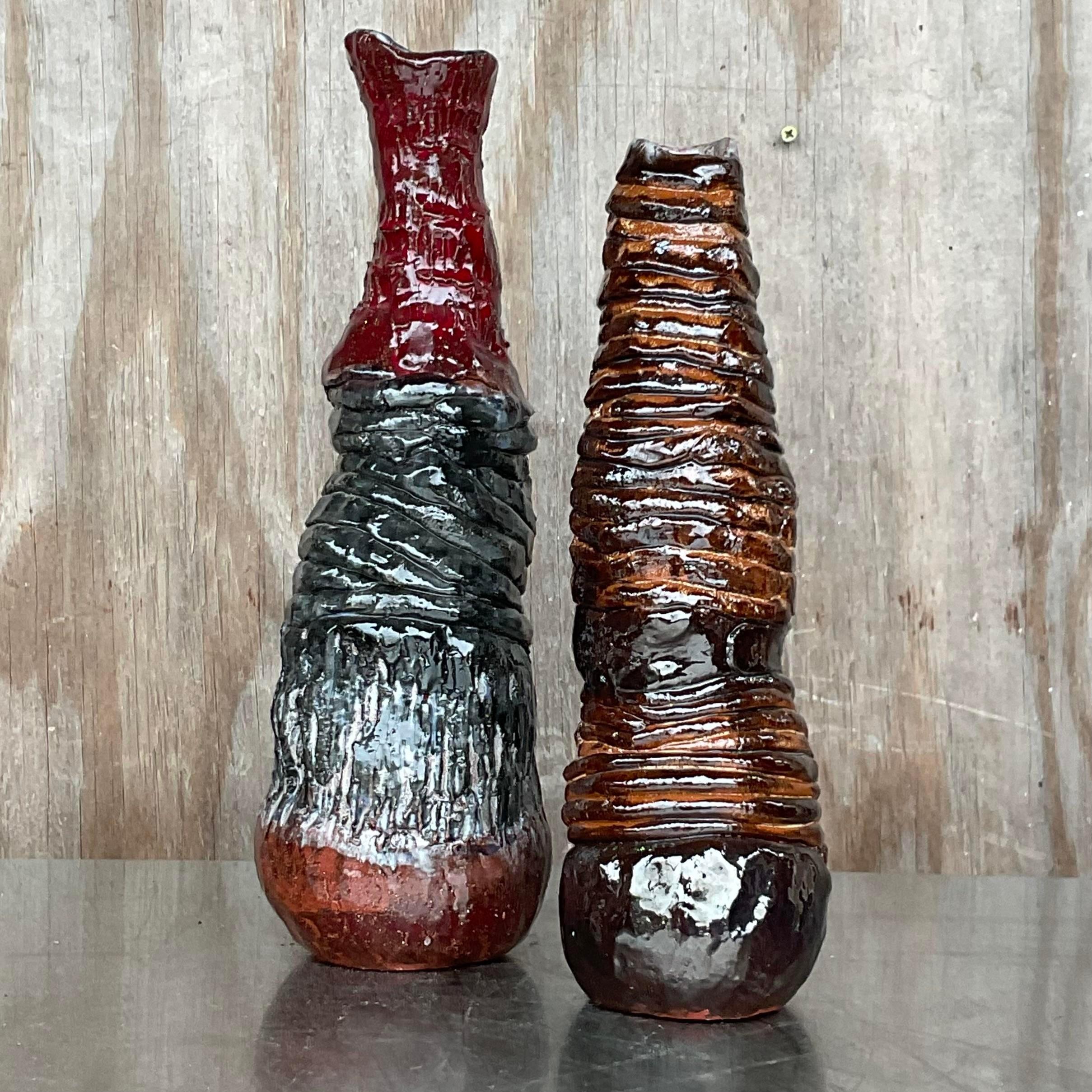 20th Century Vintage Boho Signed Hand Made Studio Pottery Vases - a Pair For Sale