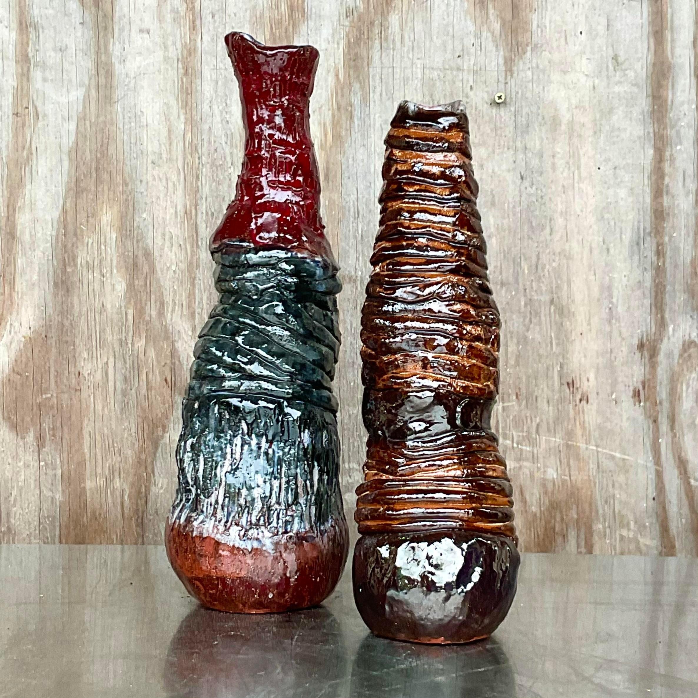 Vintage Boho Signed Hand Made Studio Pottery Vases - a Pair For Sale 2