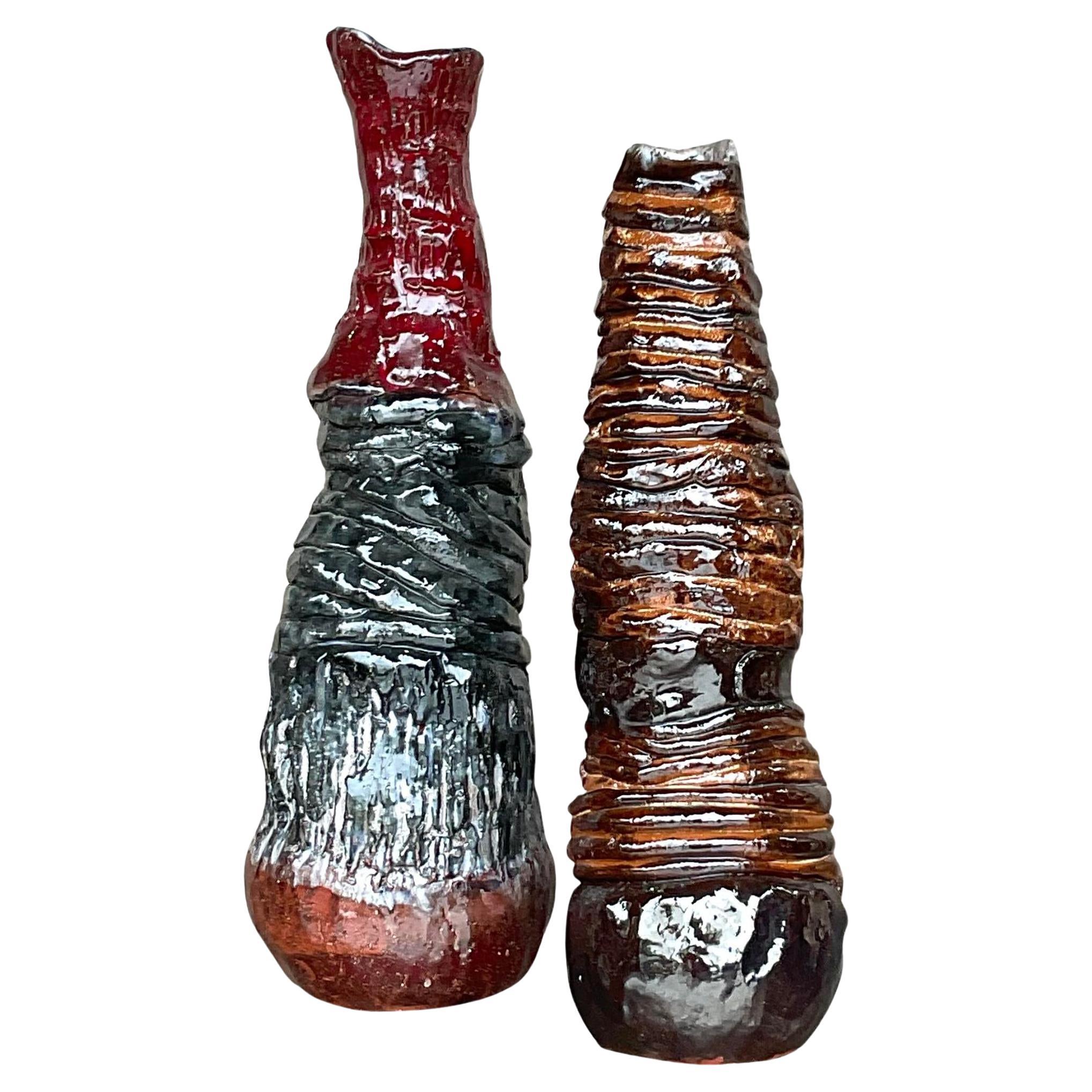 Vintage Boho Signed Hand Made Studio Pottery Vases - a Pair For Sale