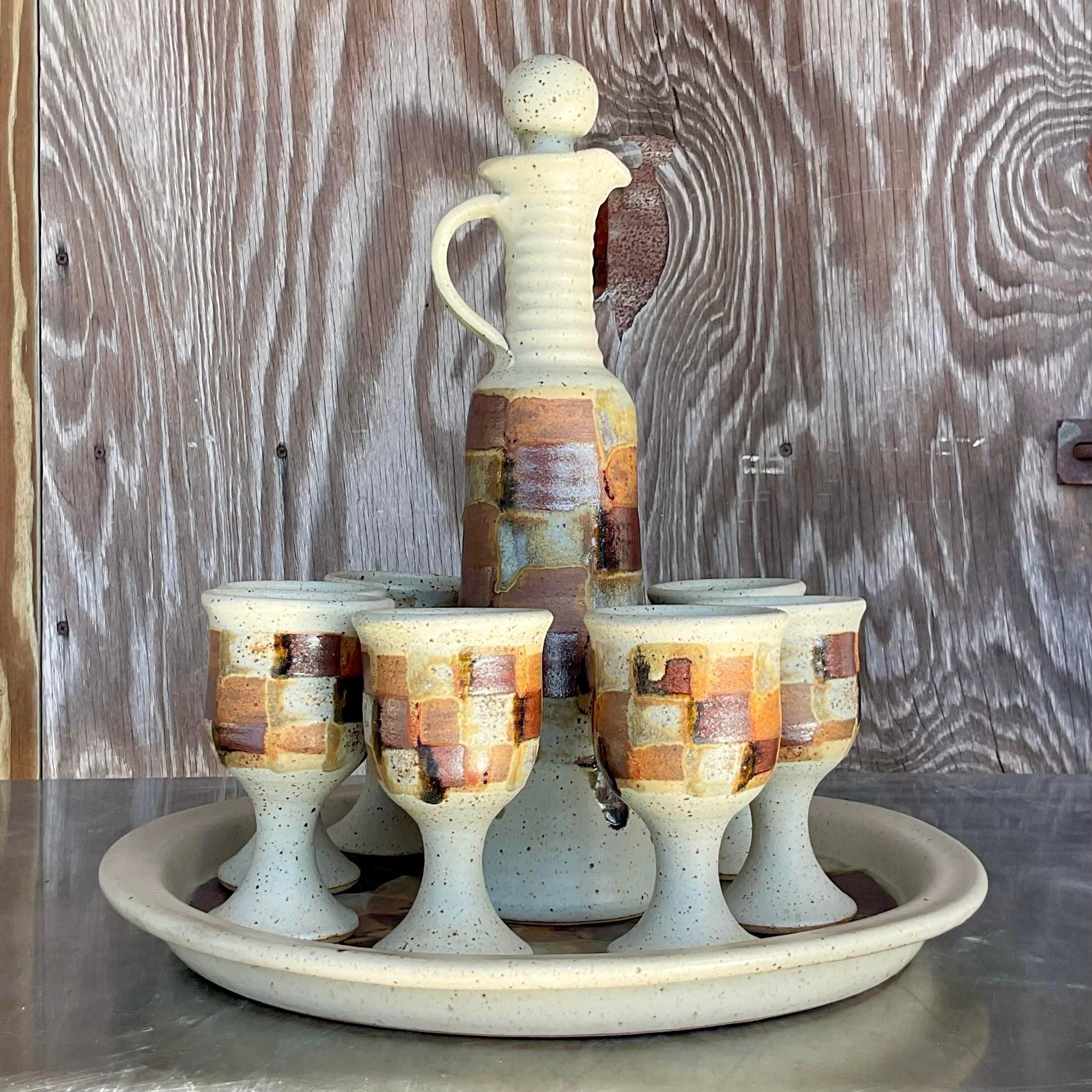 Vintage Boho Signed Hand Painted Studio Potter Carafe Set- 10 Pieces In Good Condition For Sale In west palm beach, FL