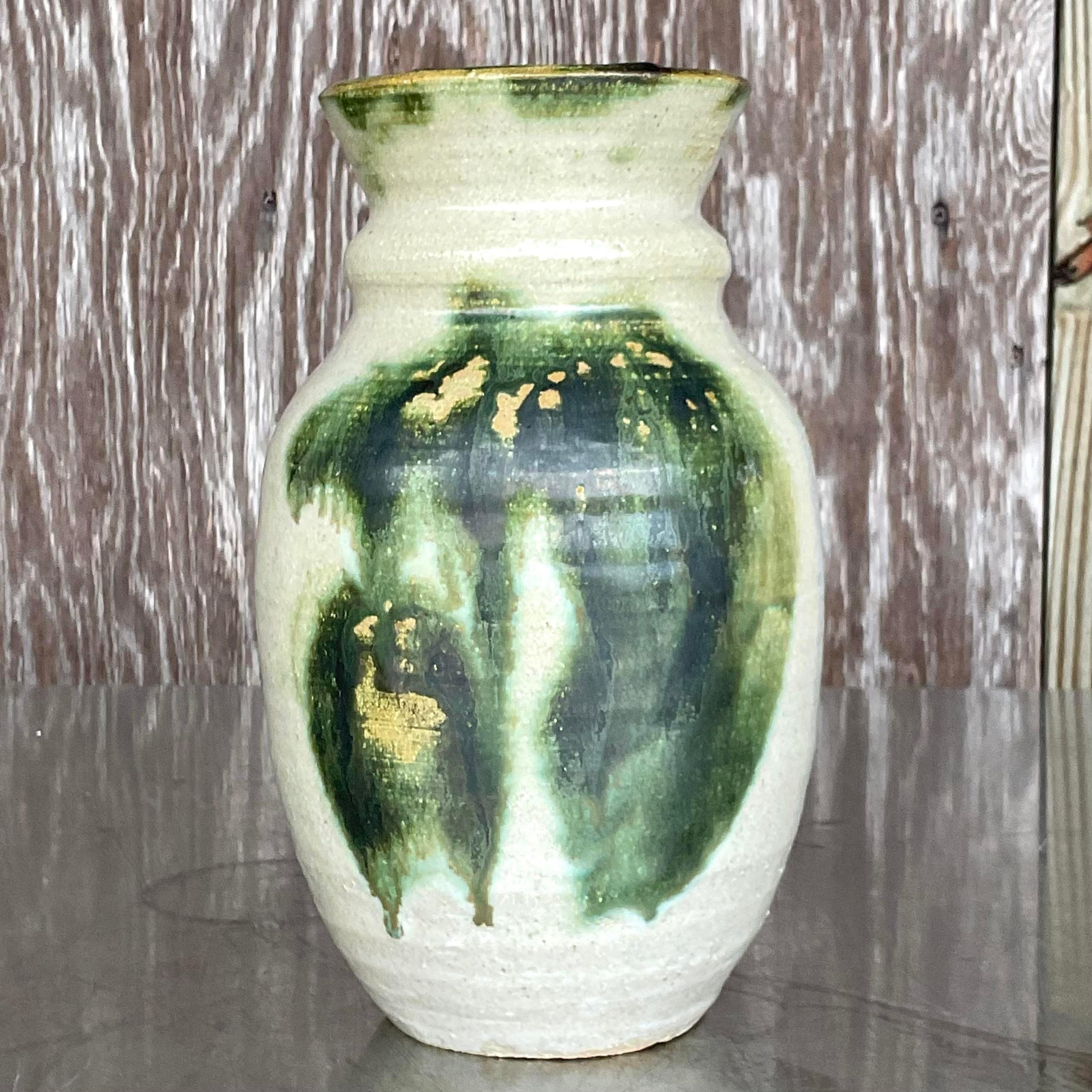 Bohemian Vintage Boho Signed Hand-Painted Studio Pottery Vase For Sale