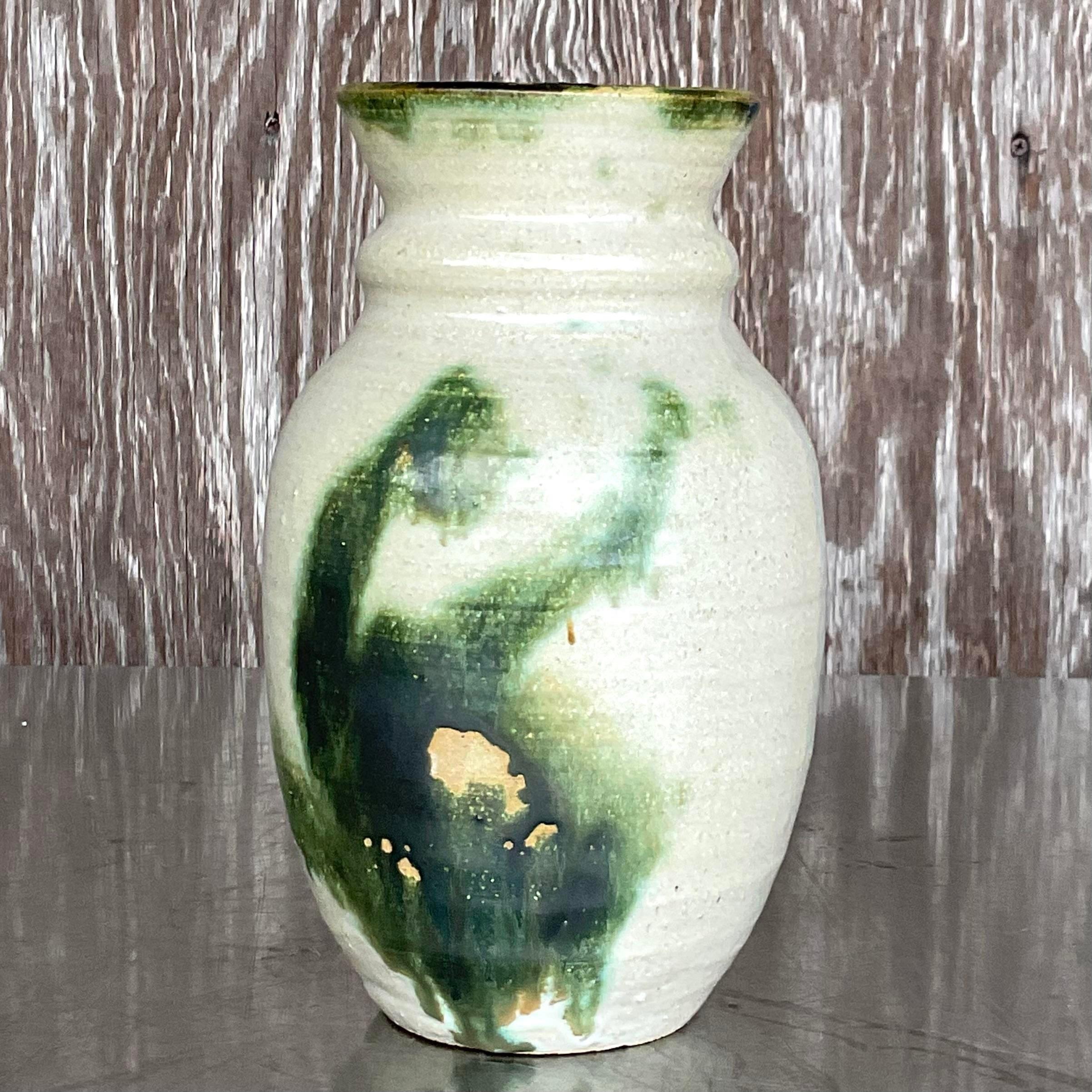 American Vintage Boho Signed Hand-Painted Studio Pottery Vase For Sale