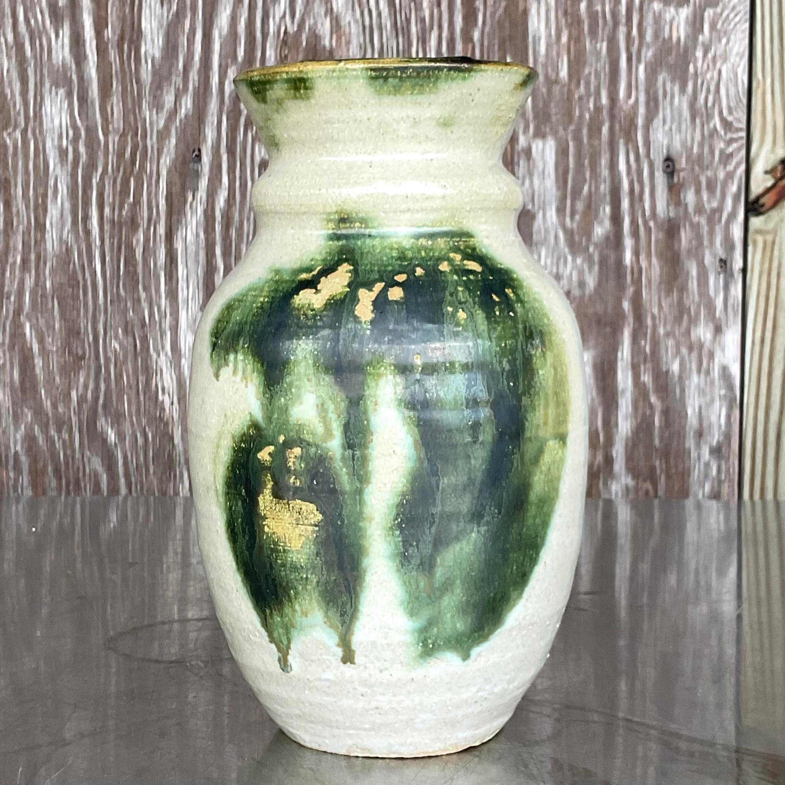 Vintage Boho Signed Hand-Painted Studio Pottery Vase In Good Condition For Sale In west palm beach, FL