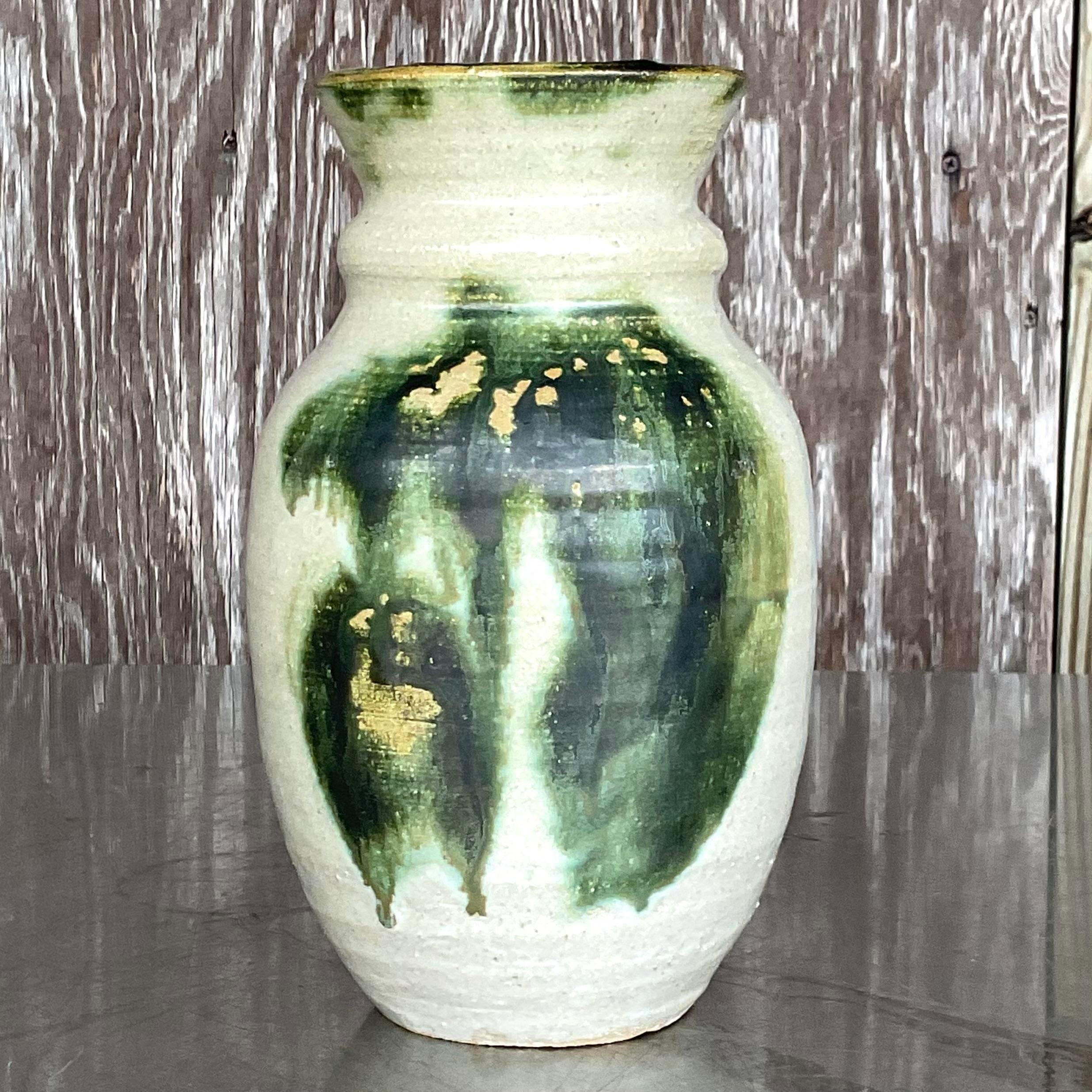 20th Century Vintage Boho Signed Hand-Painted Studio Pottery Vase For Sale