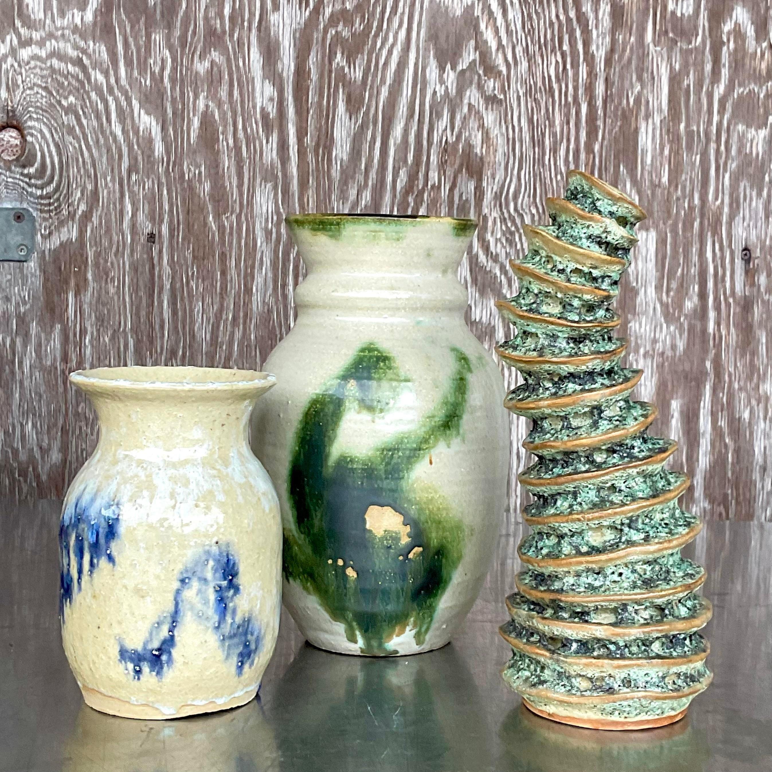 Vintage Boho Signed Hand-Painted Studio Pottery Vase For Sale 1