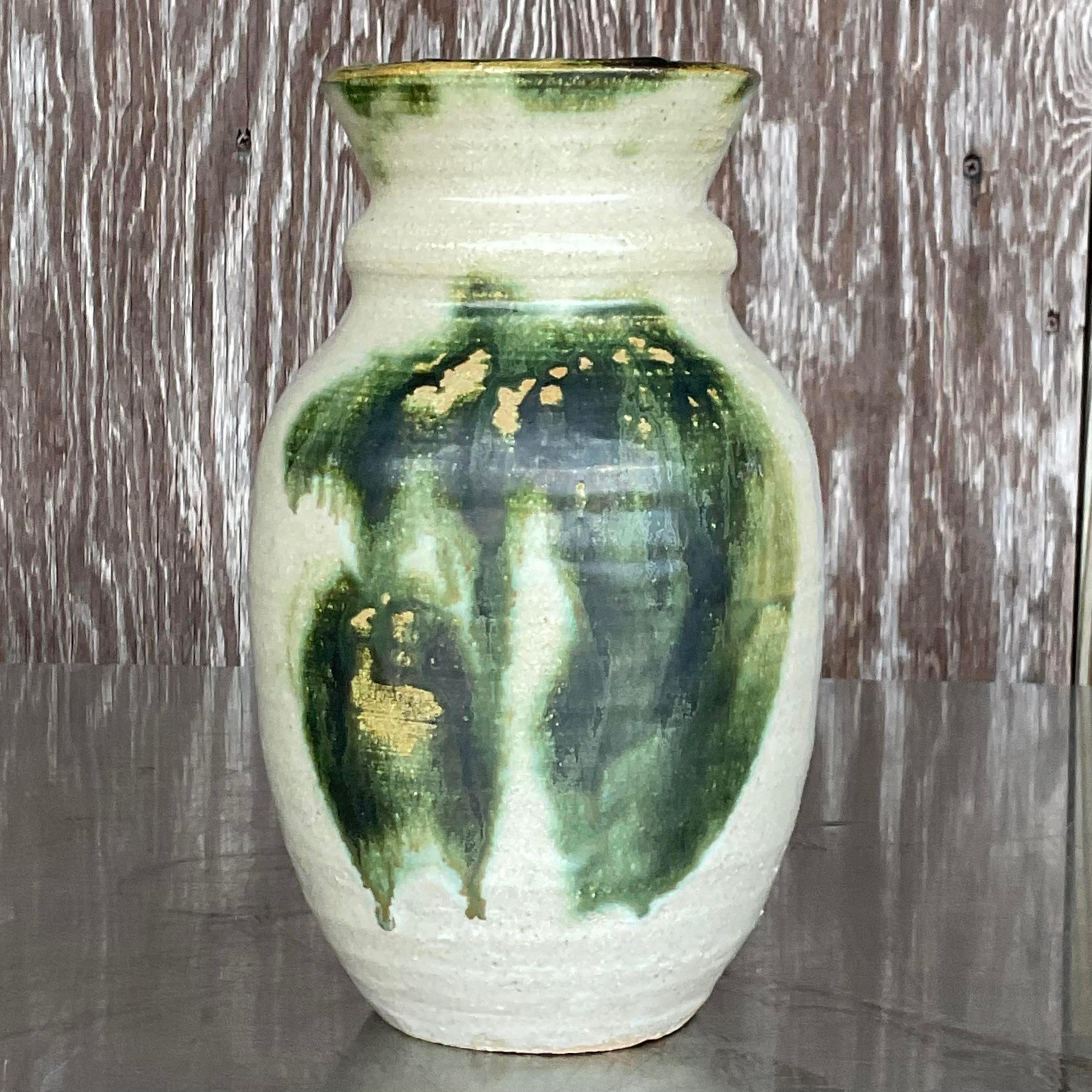 Vintage Boho Signed Hand-Painted Studio Pottery Vase For Sale 2