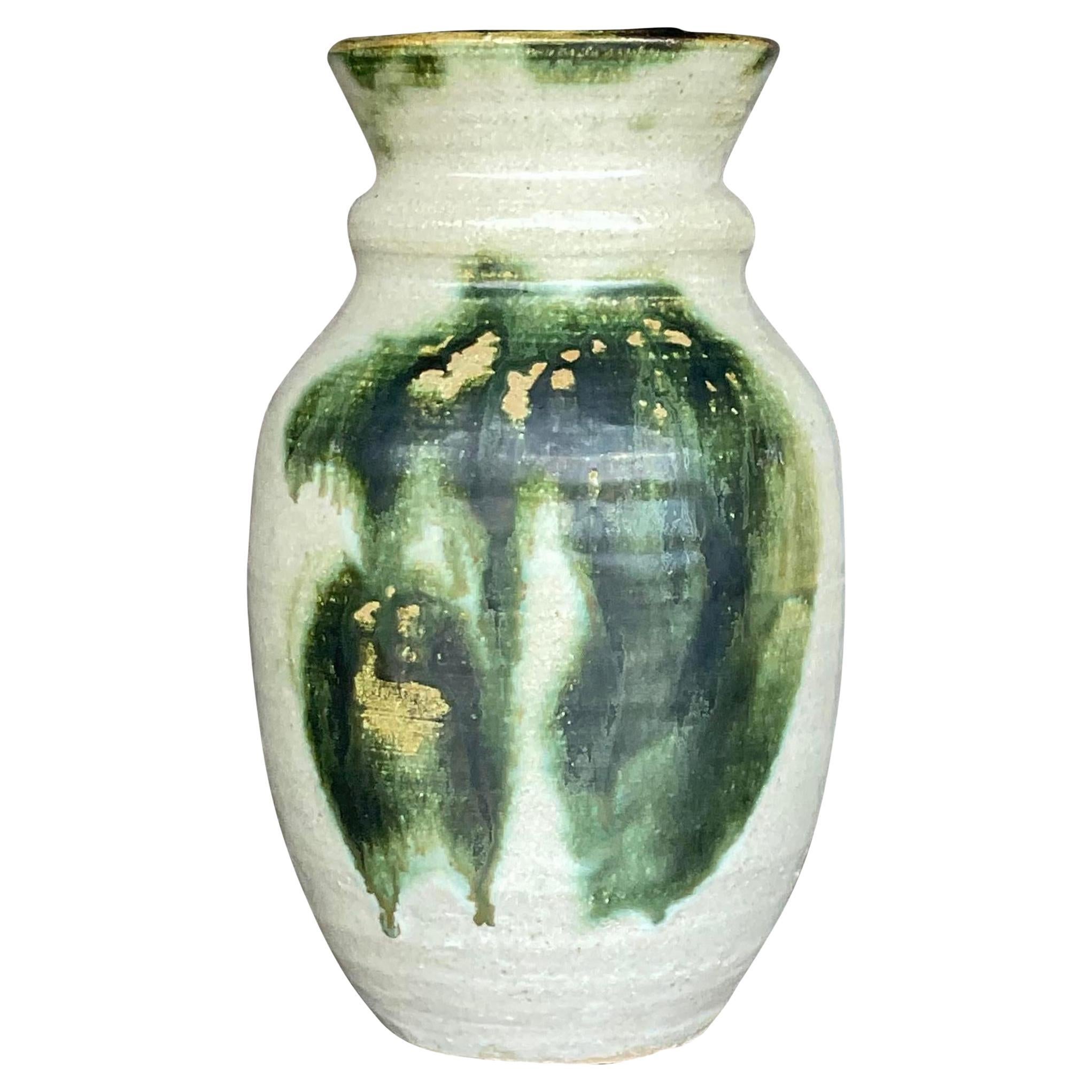 Vintage Boho Signed Hand-Painted Studio Pottery Vase For Sale