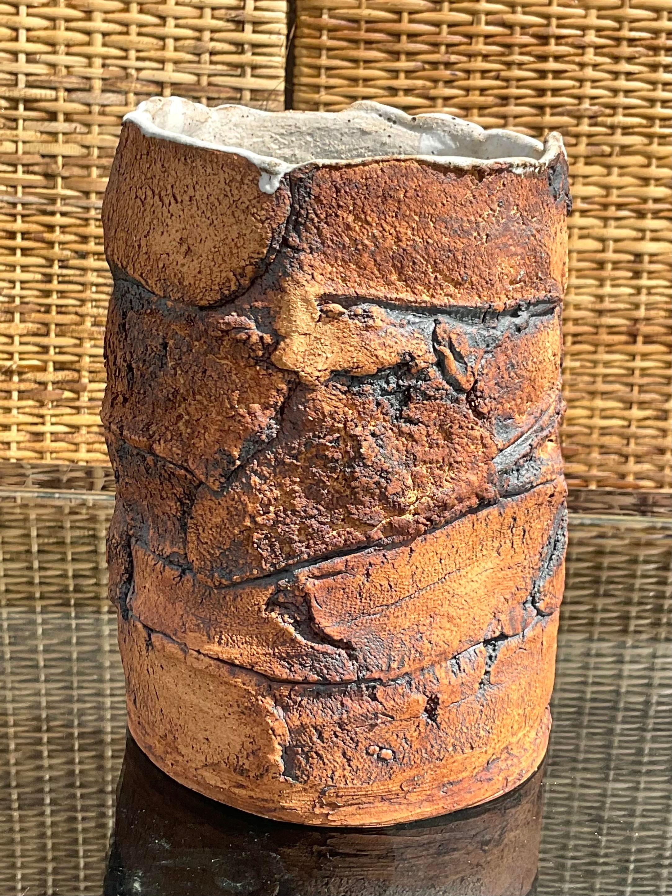 Vintage Boho Signed Handmade Pottery Vase In Good Condition For Sale In west palm beach, FL