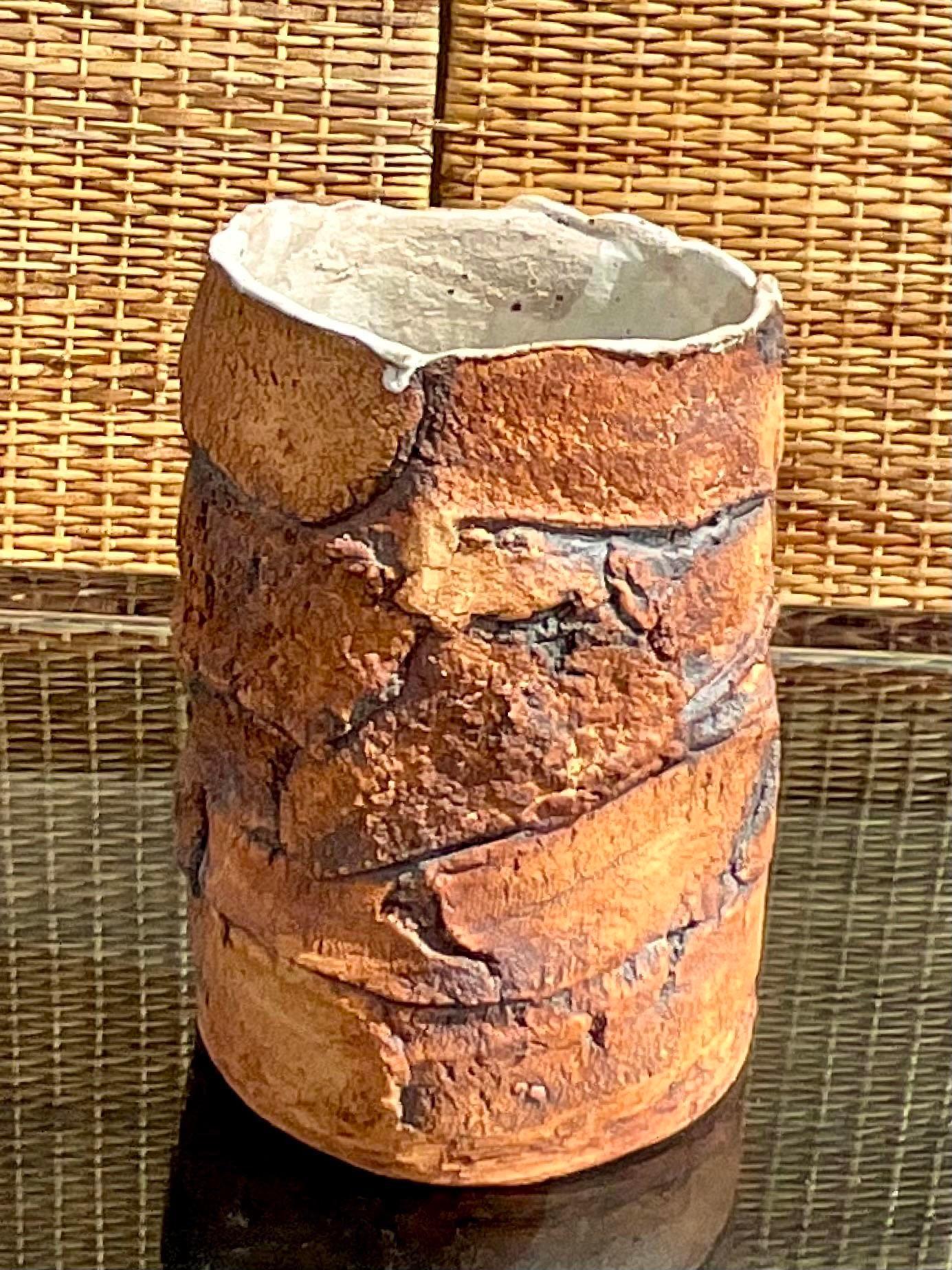 Vintage Boho Signed Handmade Pottery Vase For Sale 1