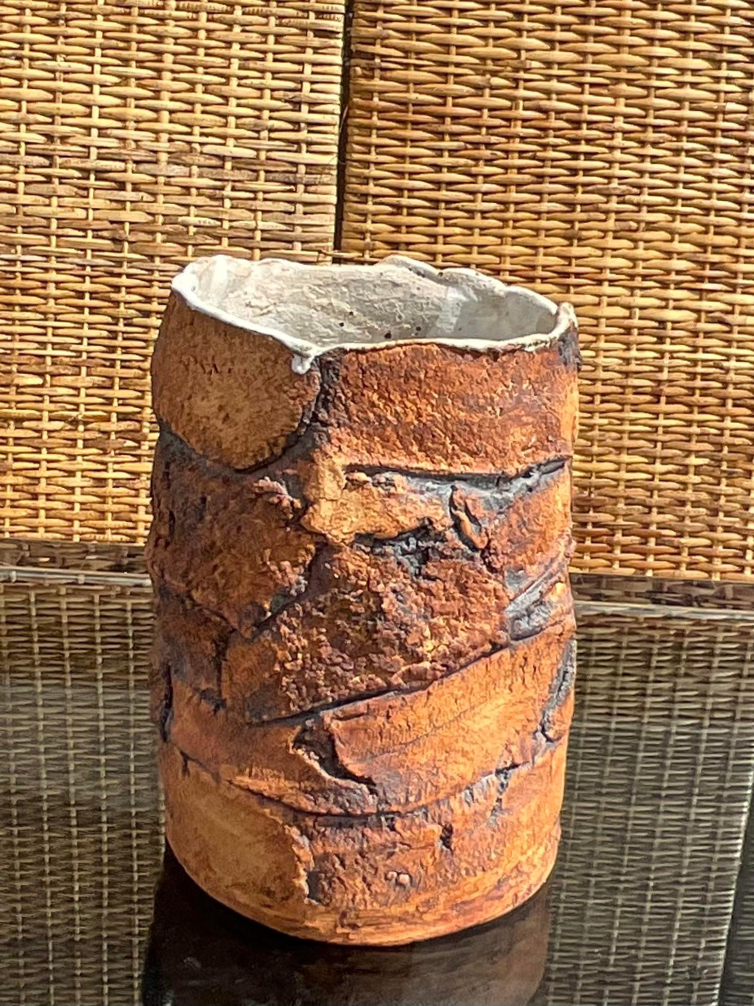 Vintage Boho Signed Handmade Pottery Vase For Sale 2