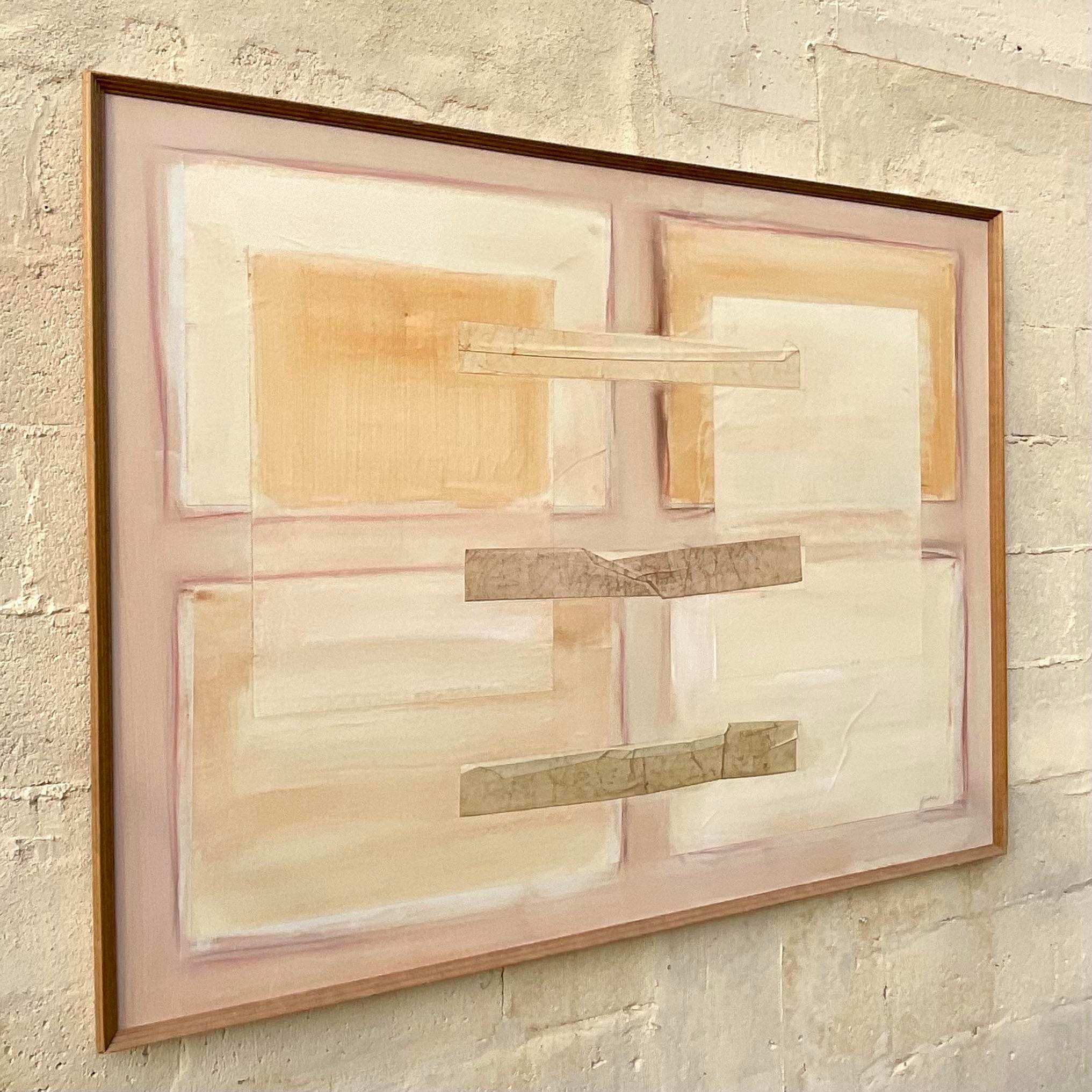A striking vintage original mixed media painting on canvas. A chic neutral toned Abstract with beautiful layers. Signed by the artist. Acquired from a Palm Beach estate.