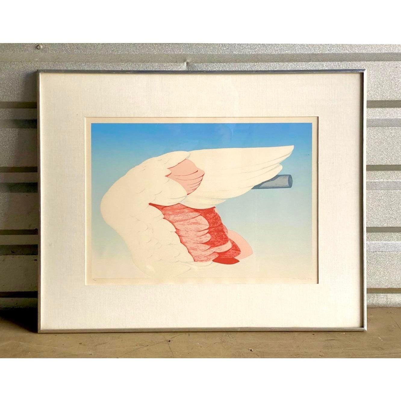 Post-Modern Vintage Boho Signed Original 1972 Lithograph of Flamingo Wing For Sale