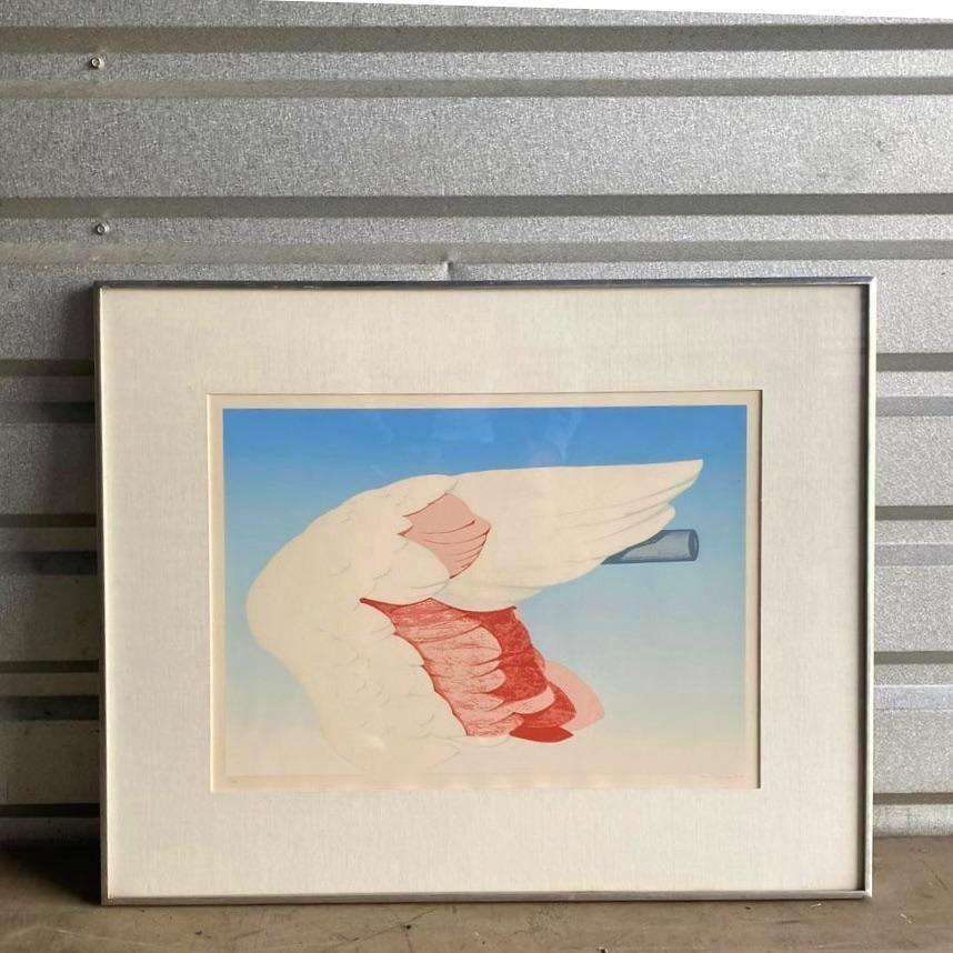 Nord-américain Vieille lithographie originale signée Boho représentant une aile de flamingo, 1972 en vente
