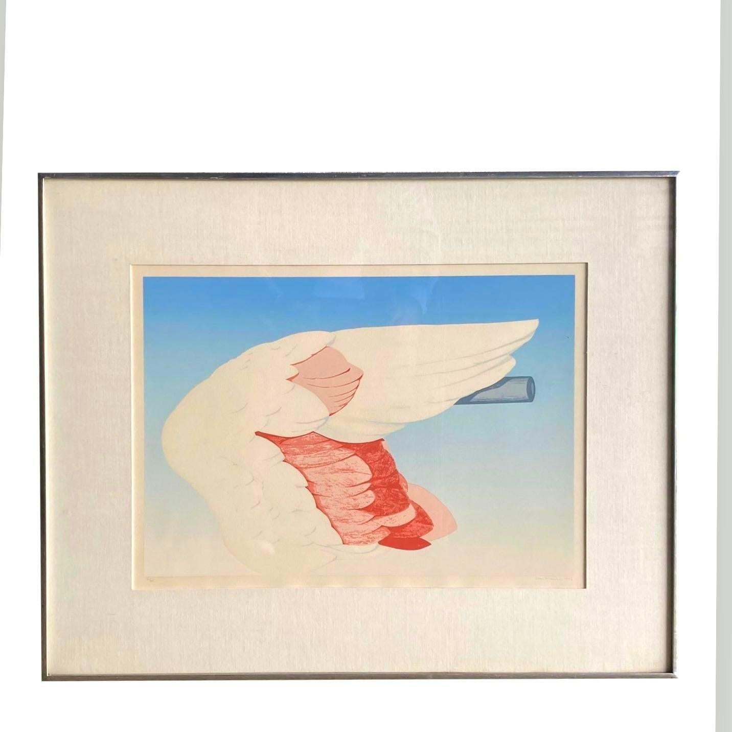 Vintage Boho Signed Original 1972 Lithograph of Flamingo Wing In Good Condition For Sale In west palm beach, FL